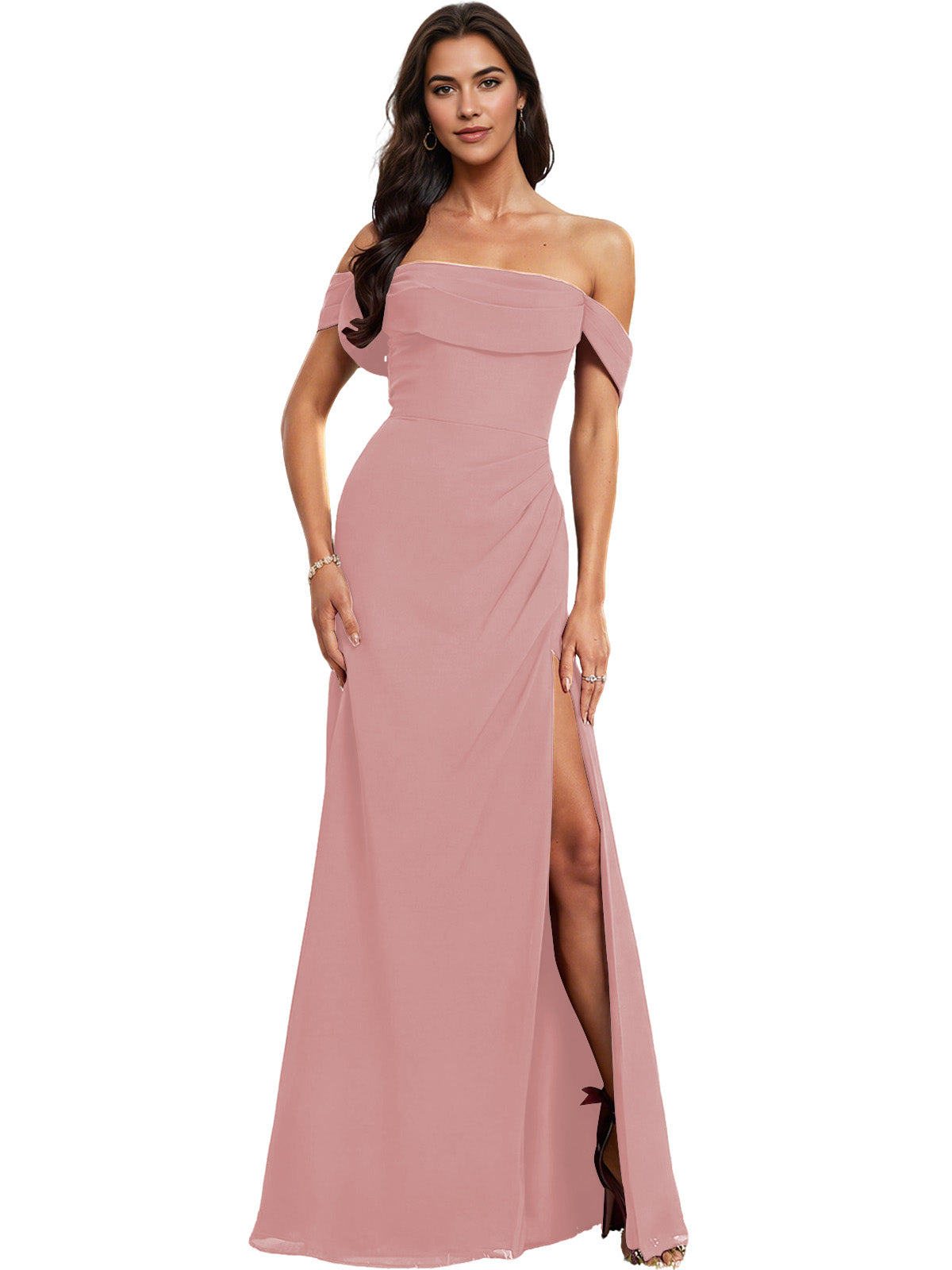 Off Shoulder Crepe Bridesmaid Dress with Foldover Neckline and Slit