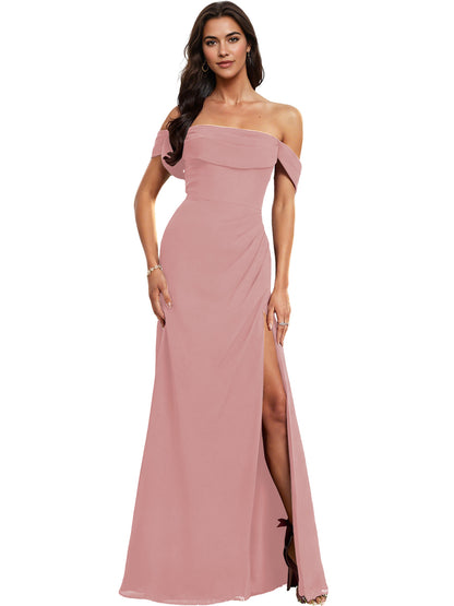 Off Shoulder Crepe Bridesmaid Dress with Foldover Neckline and Slit