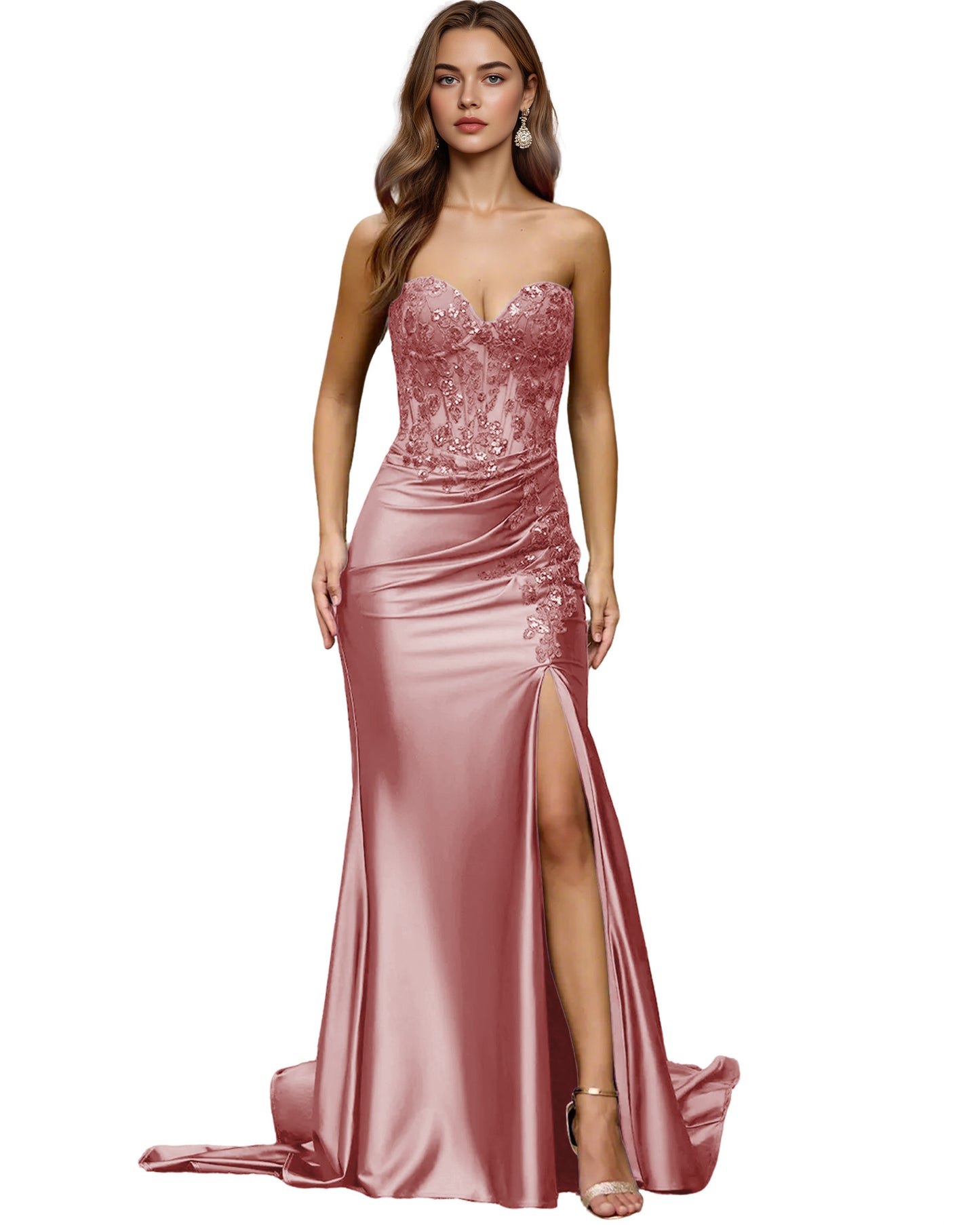 Strapless Emerald Satin Mermaid Prom Dress with Beaded Bodice and Slit