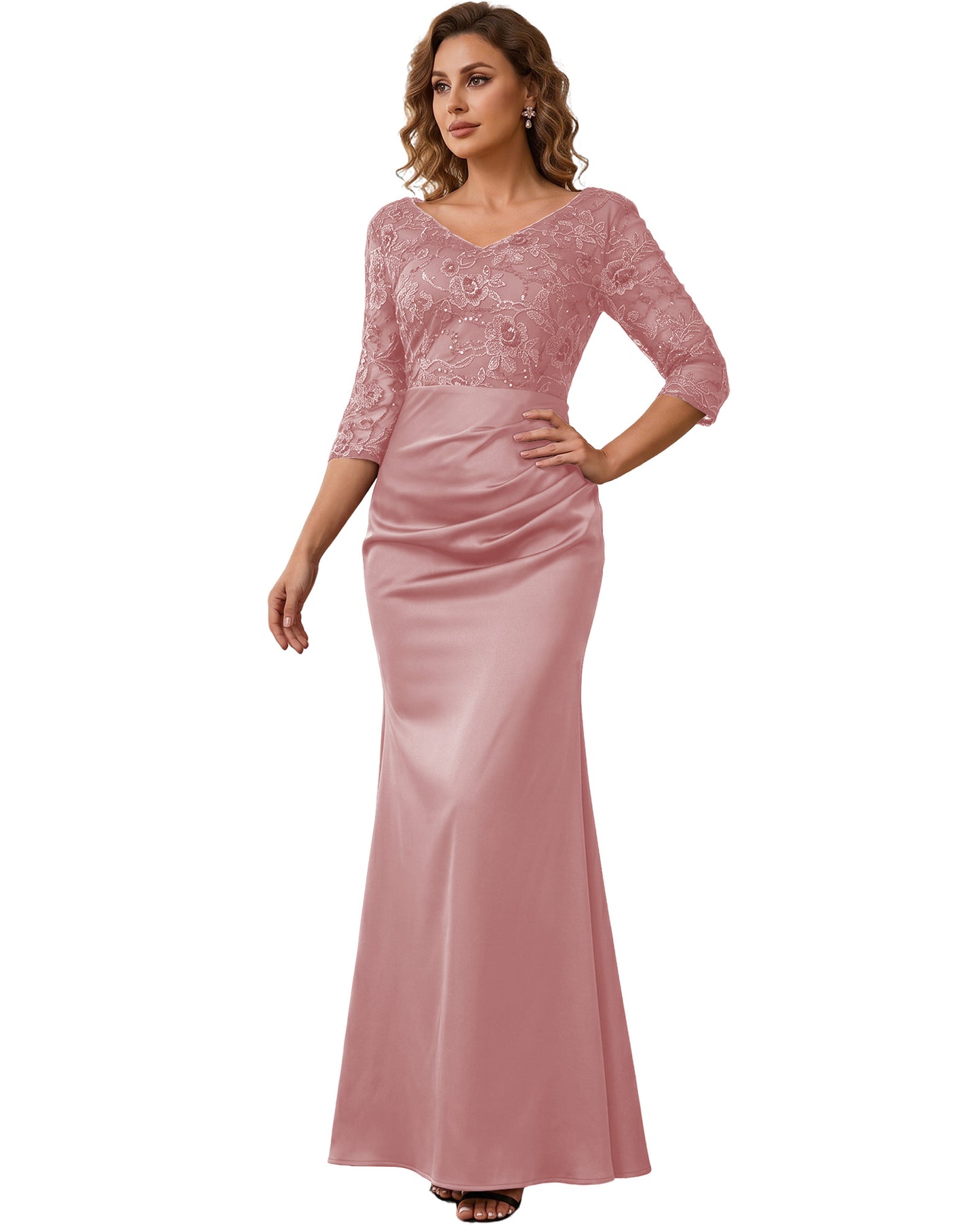 Mother of the Bride Dress Long Lace Mermaid Formal Gown with 3/4 Sleeves