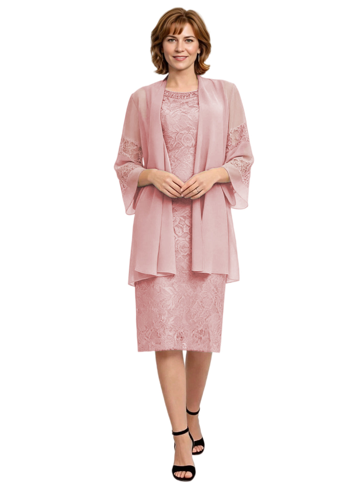 Mother of the Bride Dress with Jacket Knee Length Lace Formal Wedding Guest Outfit