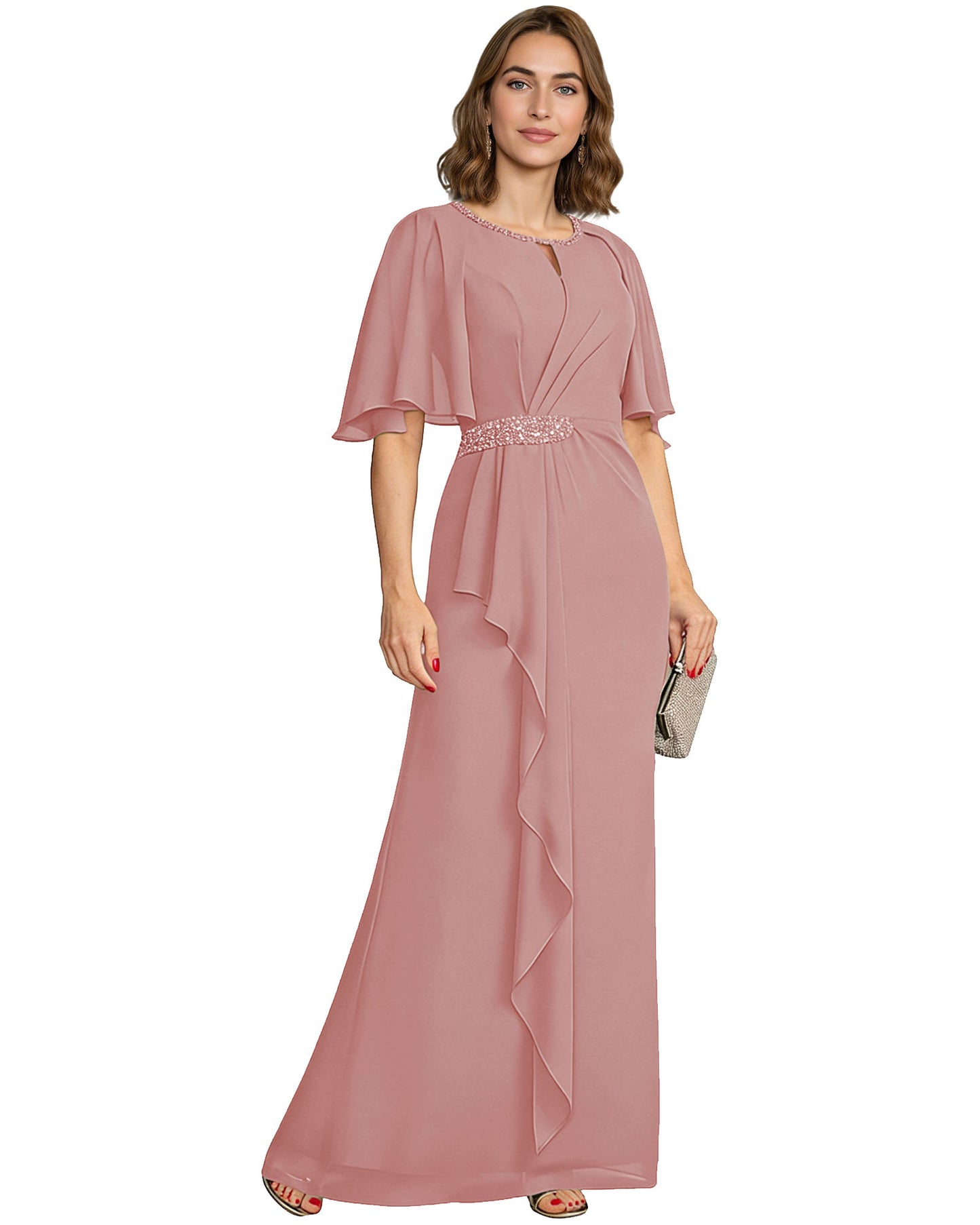 Long Mother of the Bride Dress Chiffon Flutter Sleeve Beaded Waist Formal A-Line Gown