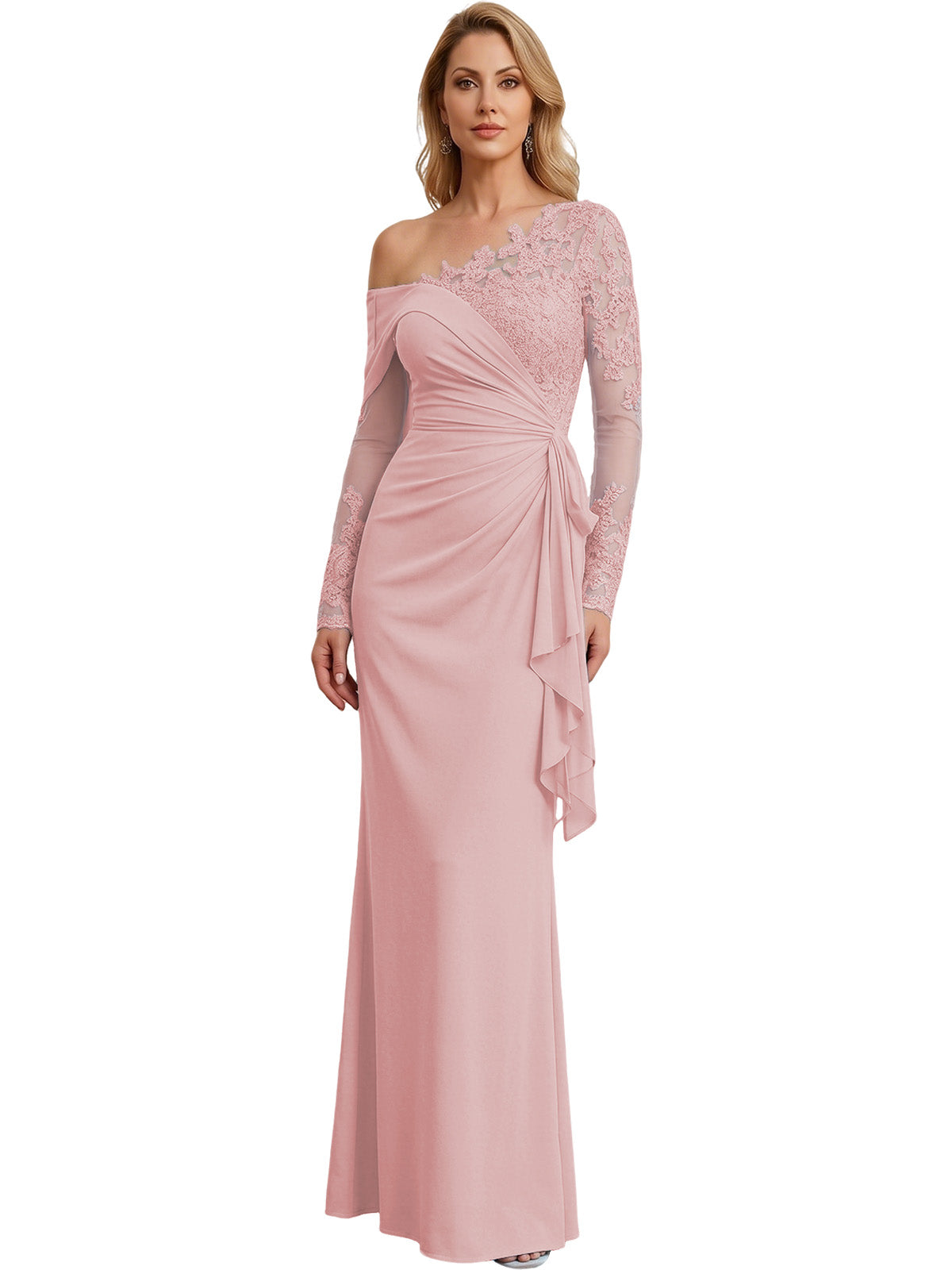 One Shoulder Mother of the Bride Gown Long Lace Sleeve Mermaid Dress with Draped Ruffle