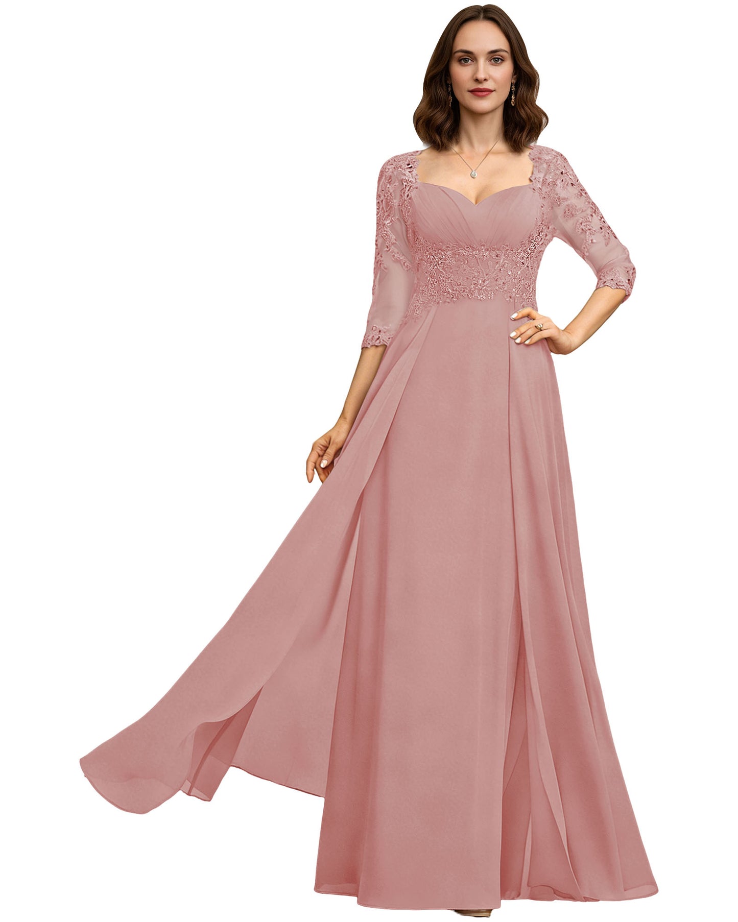 Long Sweetheart Mother of the Bride Dress Lace 3/4 Sleeve Chiffon A-Line Gown