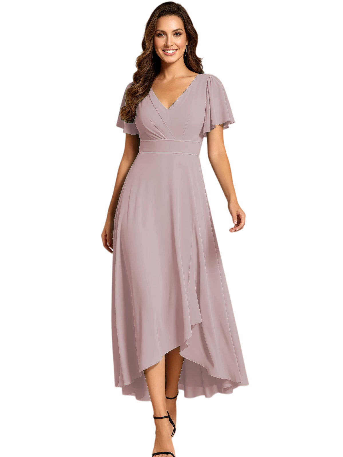 High Low Mother of the Bride Dress V-Neck Flutter Sleeve Chiffon Formal Gown