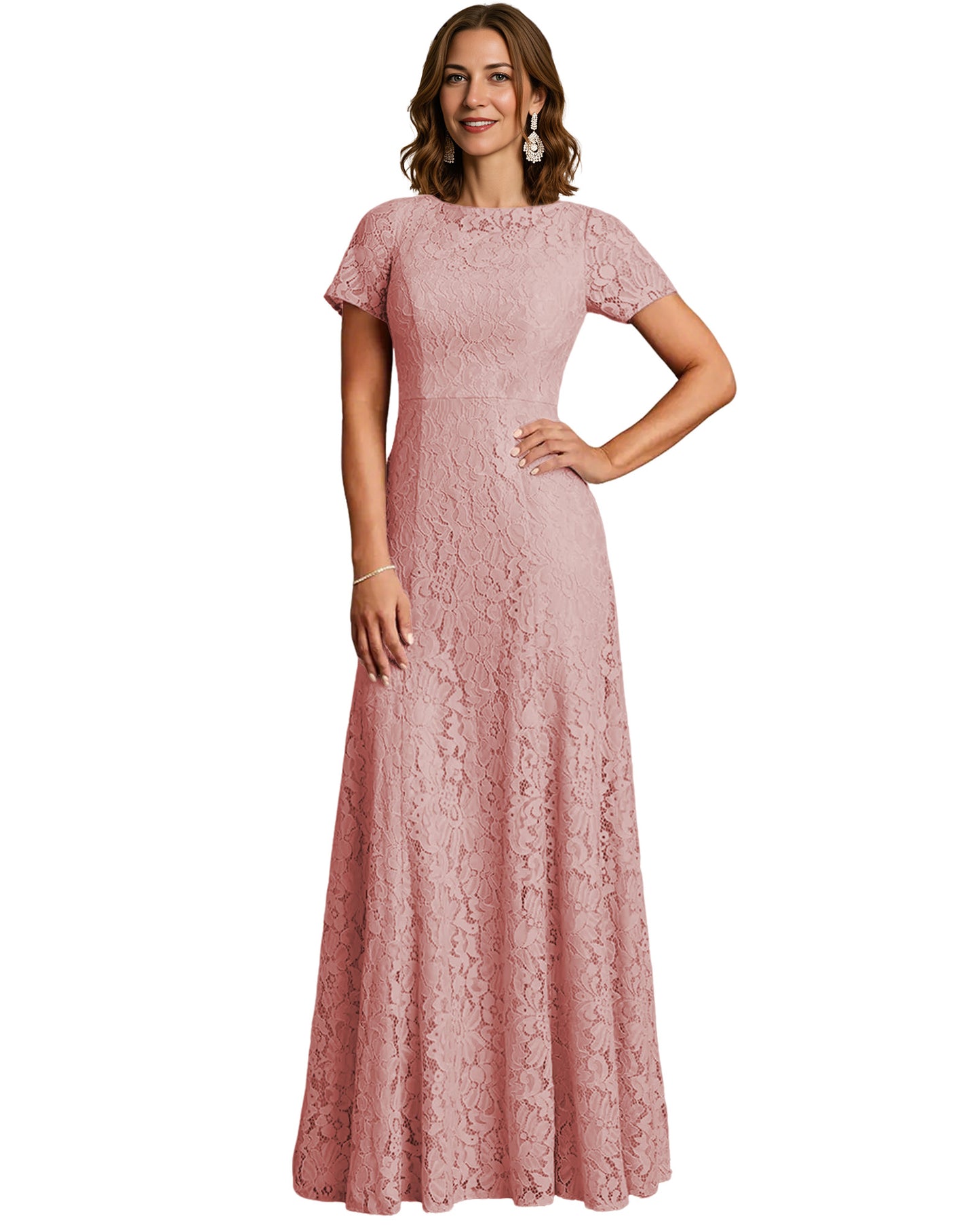 Long Lace Mother of the Bride Dress Short Sleeve Mermaid Gown with Crew Neckline