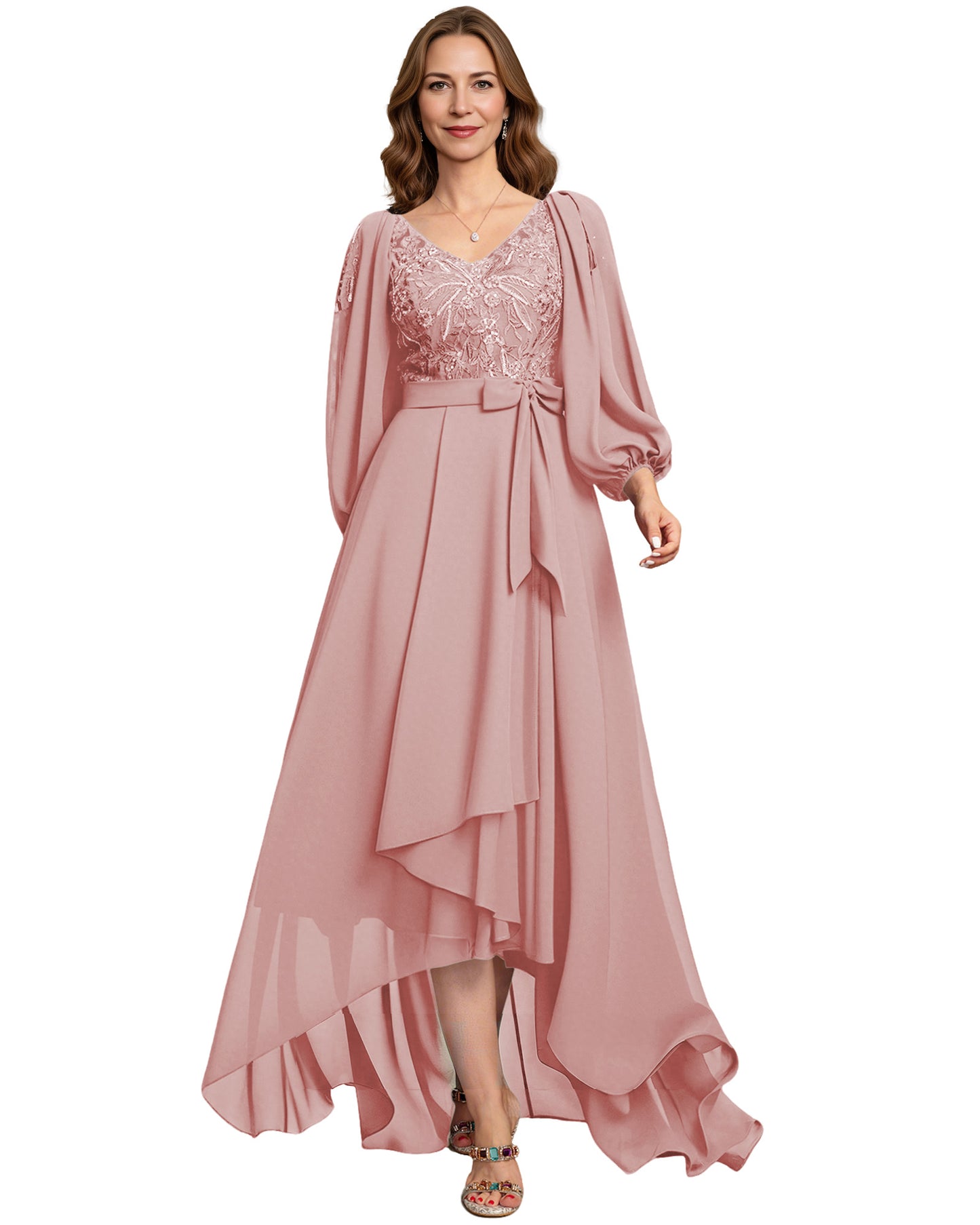 High Low Mother of the Bride Dress Lace Bodice Chiffon Jacket Formal Wedding Gown