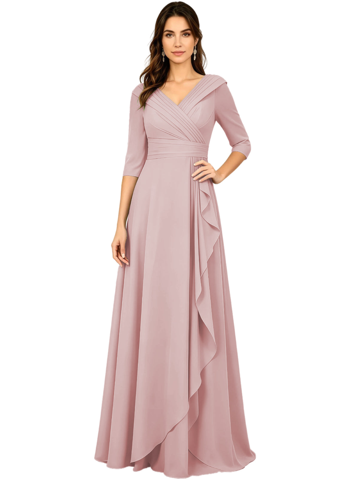 Long V-Neck Mother of the Bride Dress Chiffon Half Sleeve A-Line Gown with Side Ruffle