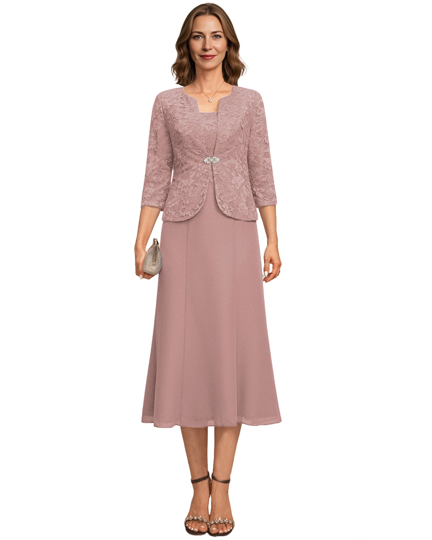 Tea Length Mother of the Bride Dress Lace Jacket Chiffon A-Line Wedding Guest Outfit
