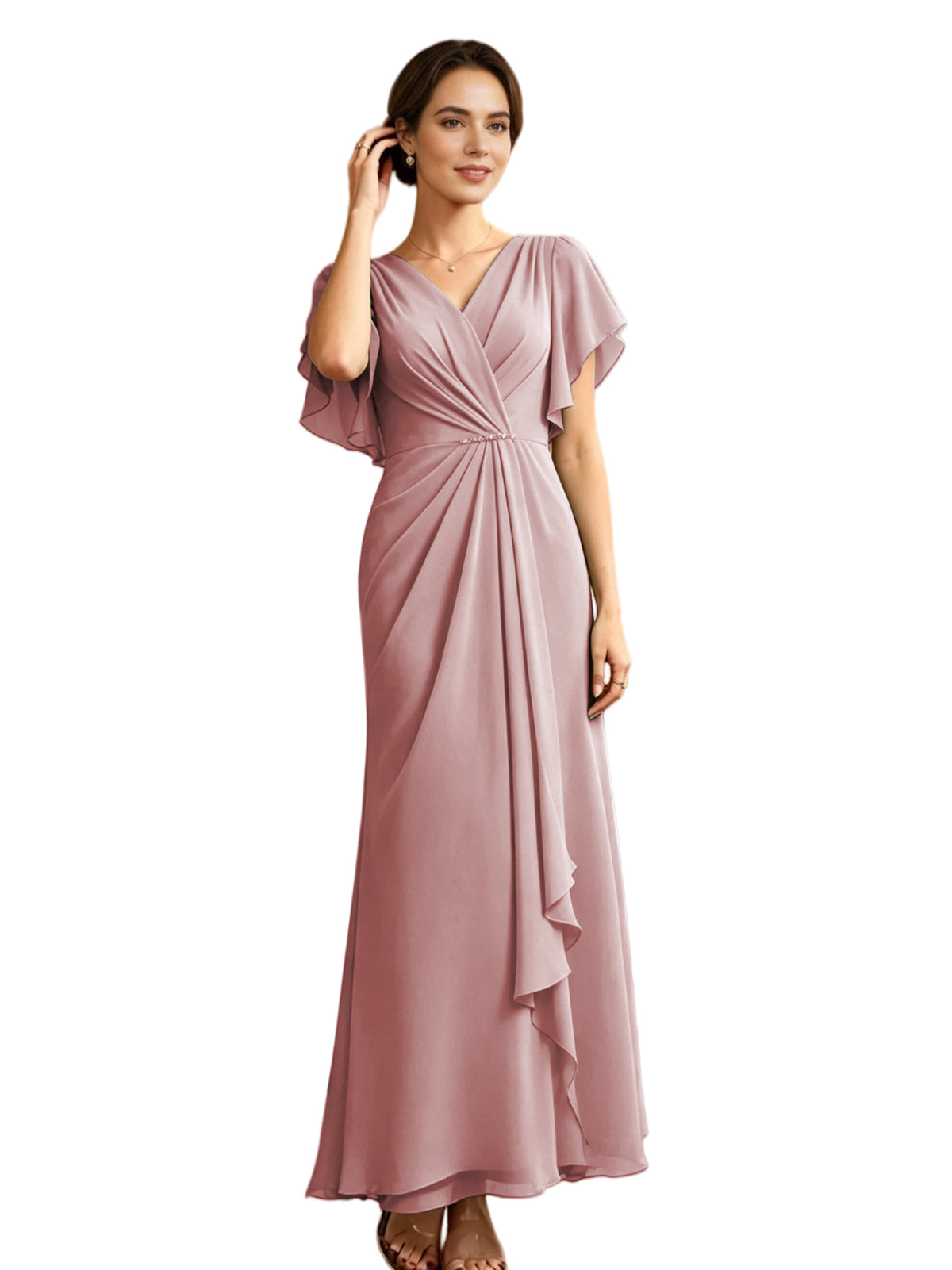 Long Chiffon Mother of the Bride Dress V-Neck Flutter Sleeve A-Line Gown with Beaded Waist