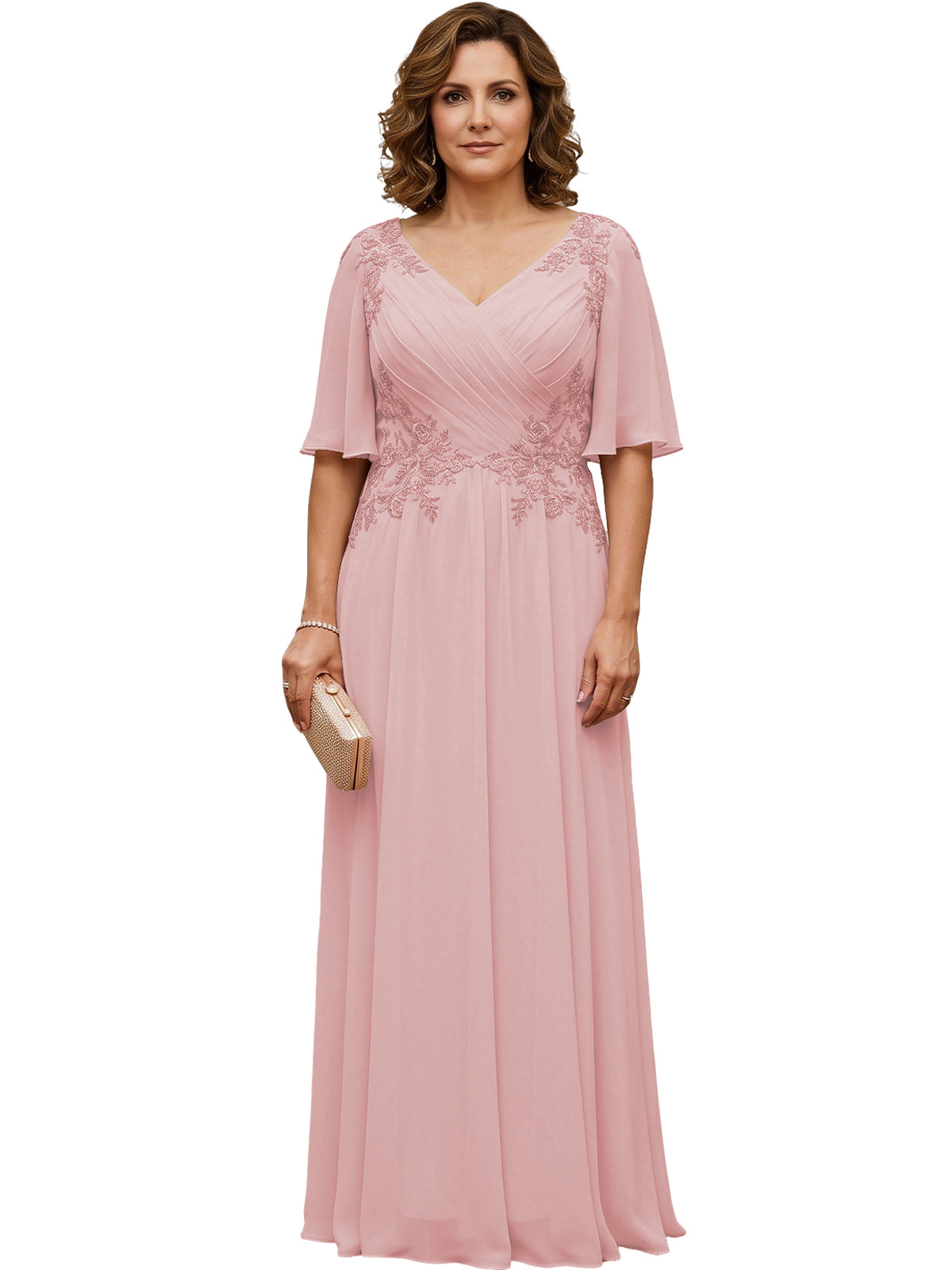 Mother of the Bride Dress Long Chiffon A-Line Gown with Flutter Sleeves and Beaded Lace