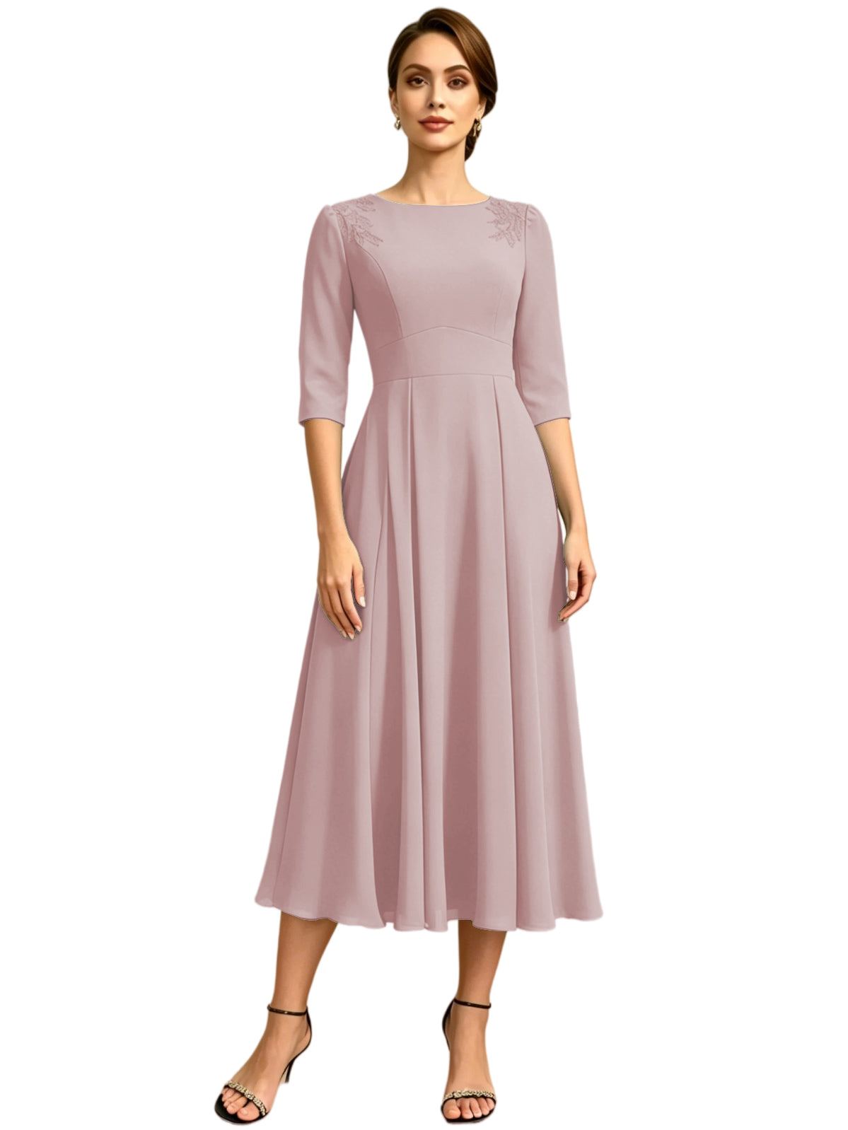 Tea Length Mother of the Bride Dress Jewel Neck Chiffon A-Line Formal Gown with Embroidery