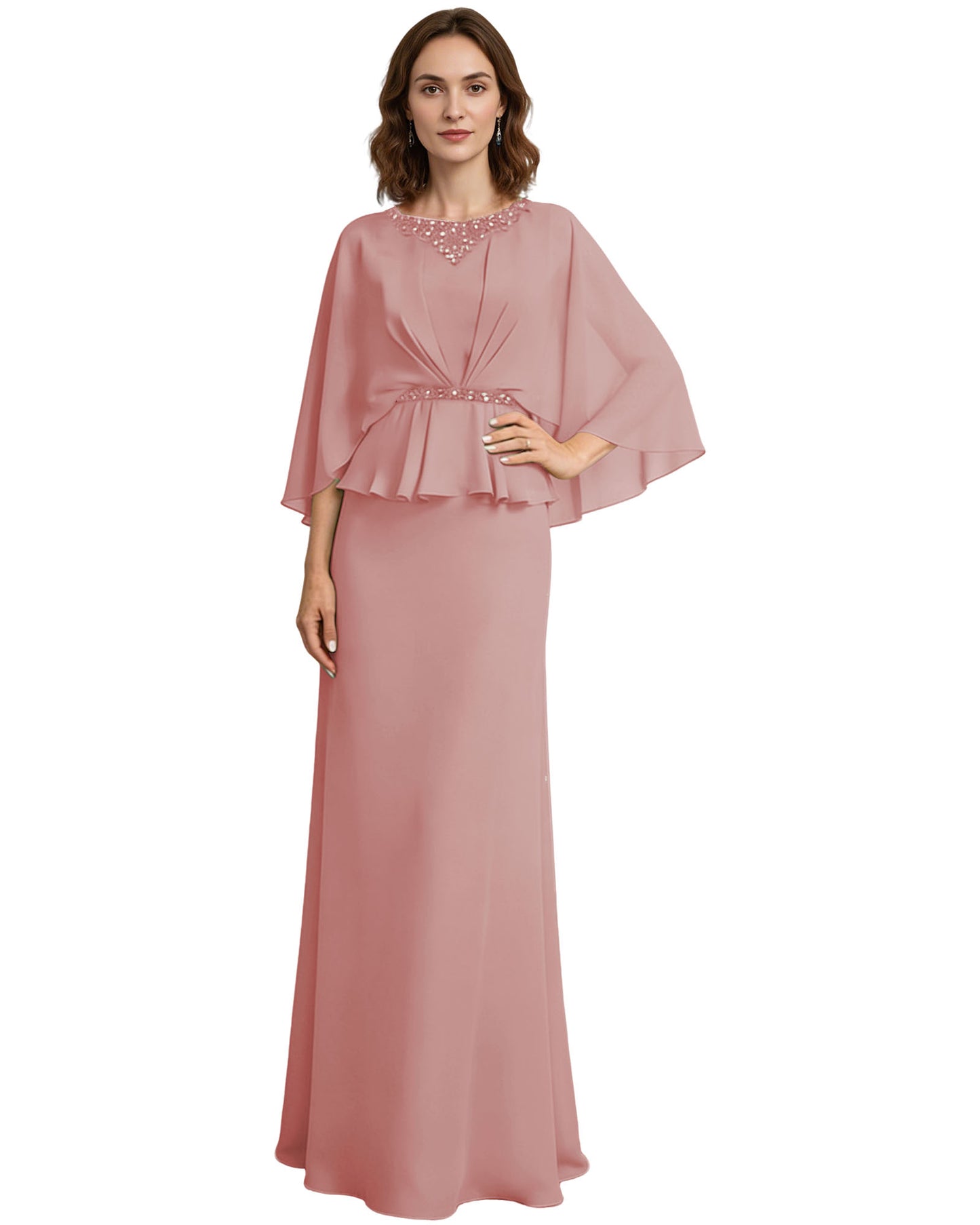 Capelet Mother of the Bride Dress Long Beaded Neck Peplum Chiffon Formal Gown