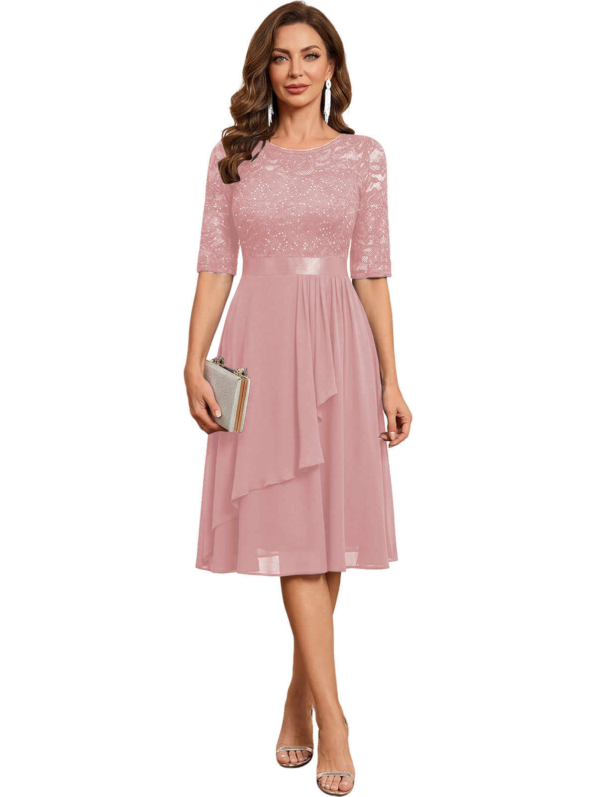 Knee Length Mother of the Bride Dress Sequined Lace Bodice Chiffon Skirt Formal Guest Outfit