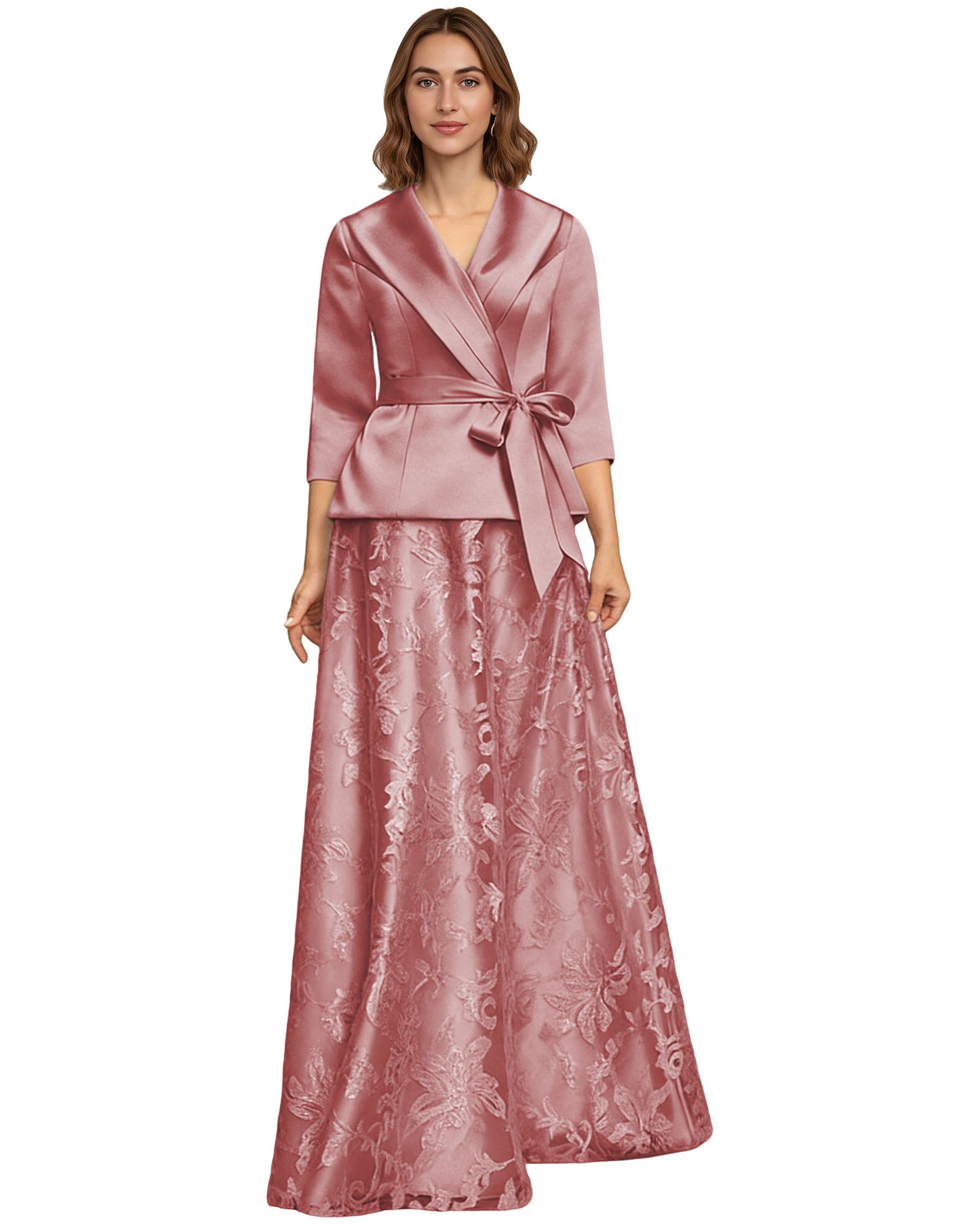 Two Piece Mother of the Bride Dress Satin Wrap Top Embroidered Long Skirt Formal Set