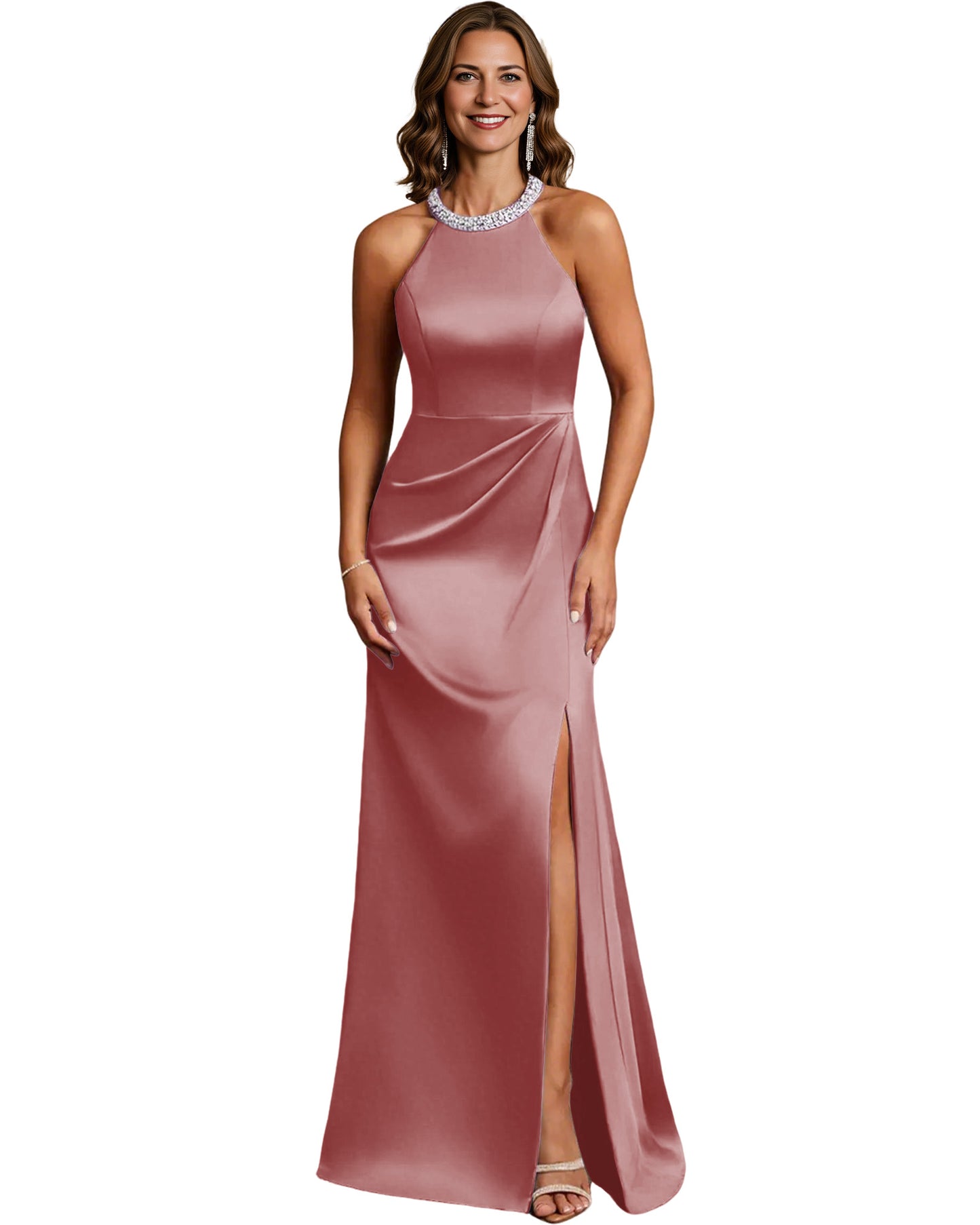 Halter Neck Mother of the Bride Dress Satin Mermaid Gown with Beaded Collar and Slit
