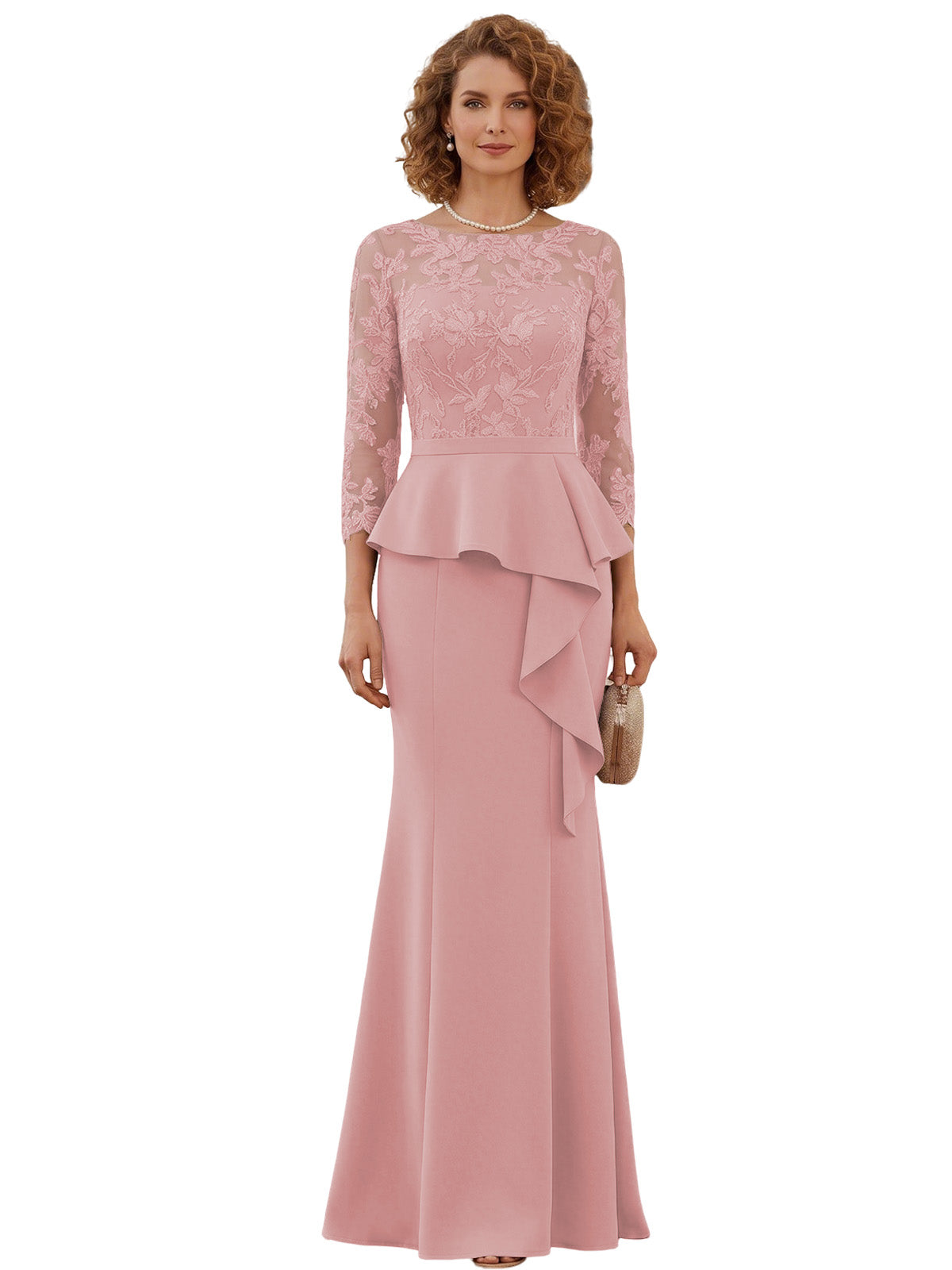 Long Mother of the Bride Dress Lace Illusion Bodice Peplum Mermaid Formal Evening Gown
