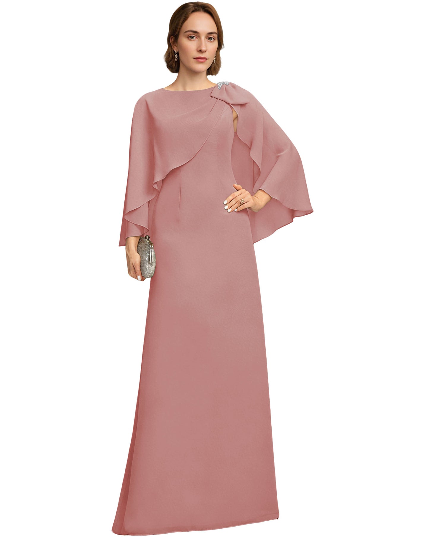 Long Cape Sleeve Mother of the Bride Dress Jewel Neck Chiffon Column Gown with Bow Detail