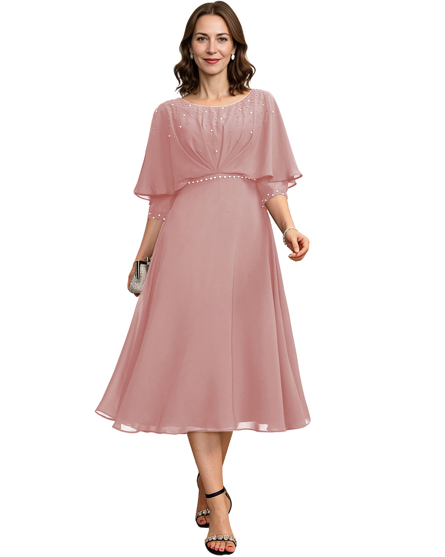 Beaded Cape Mother of the Bride Dress Tea Length Chiffon A-Line Formal Guest Gown