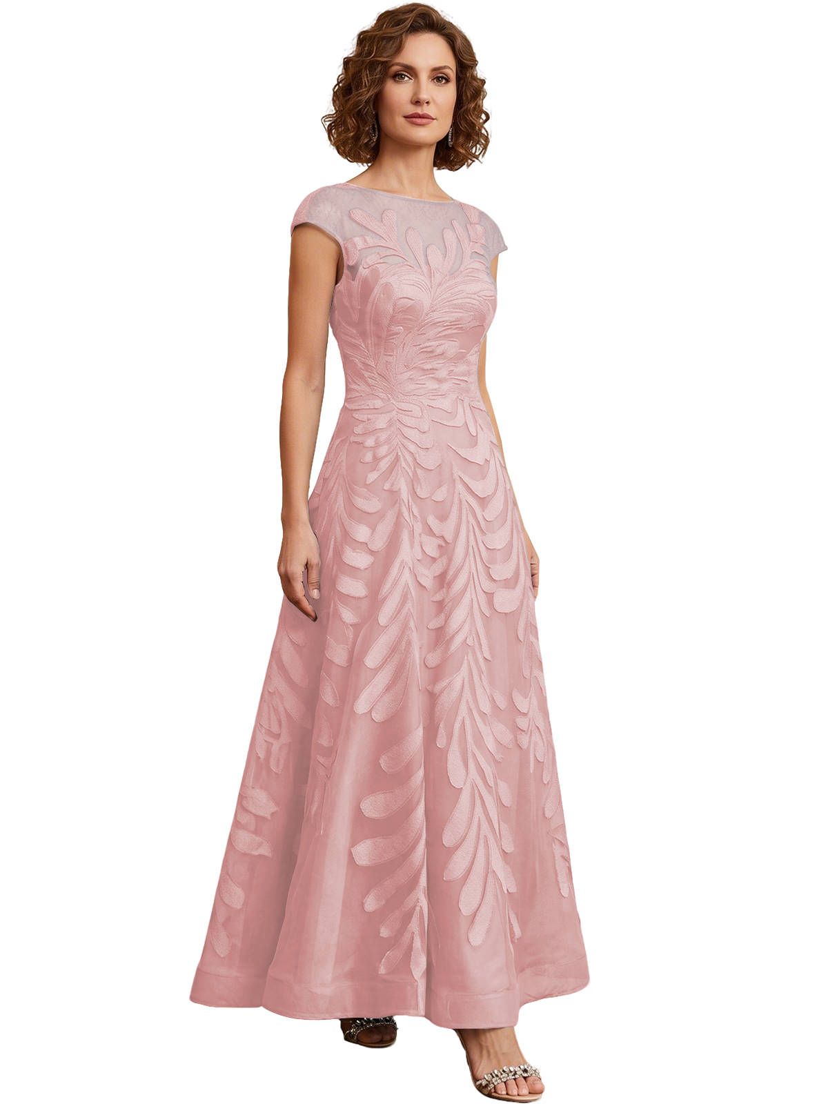 Embroidered Tulle Mother of the Bride Dress Long A-Line Gown with Illusion Cap Sleeves