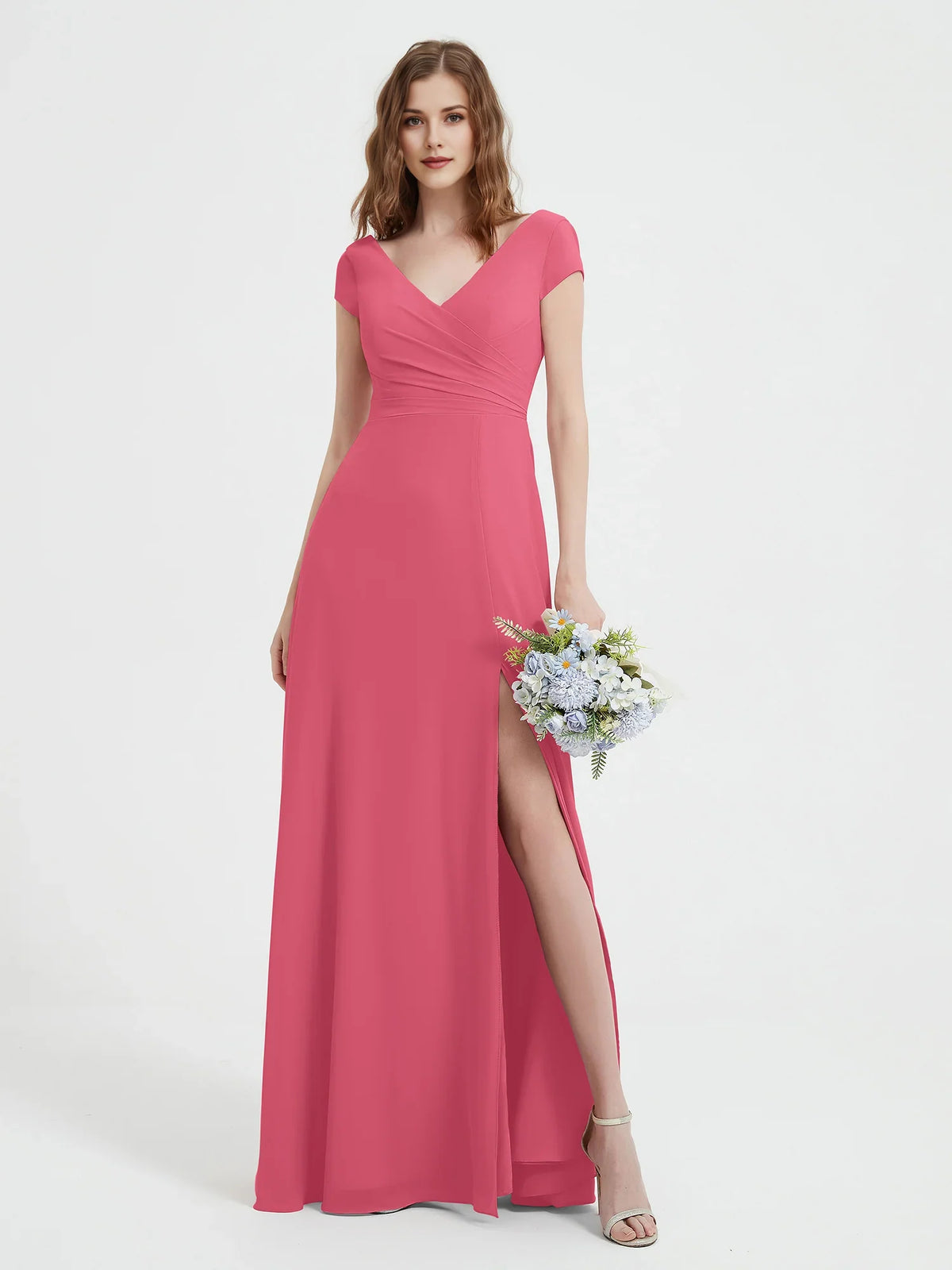 Ruched Side-Slit Slit V Neck A-Line Maxi Chiffon Bridesmaid Dress for Wedding Ceremony