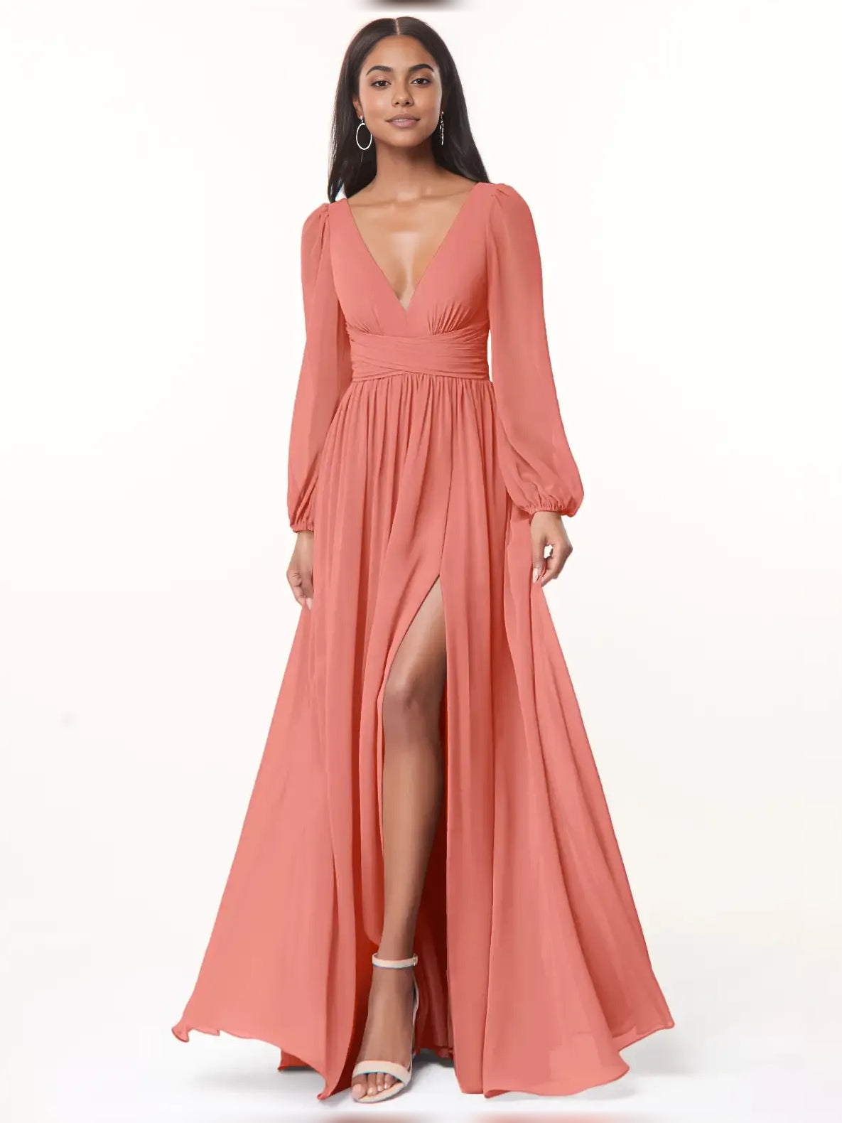 Slit Plunging Neckline A-Line Floor-Length Chiffon Bridesmaid Dress for Wedding Ceremony