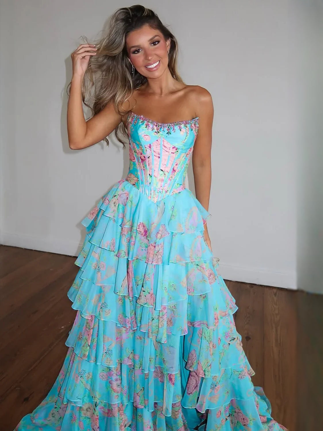 Aqua Corset Side-Slit Floral Slit Strapless A-Line Floor-Length Chiffon Prom Dress for Formal Reception