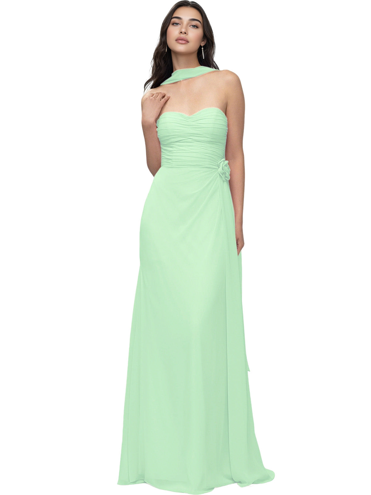 Strapless Chiffon Bridesmaid Dress with Wrapped Bodice and Slit Dress