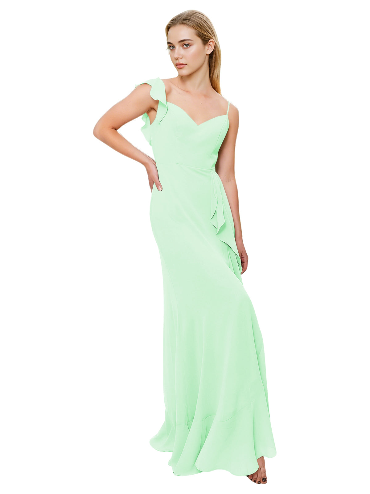 V-Neck Ruffle Strap Bridesmaid Dress with Cascading Chiffon Dress