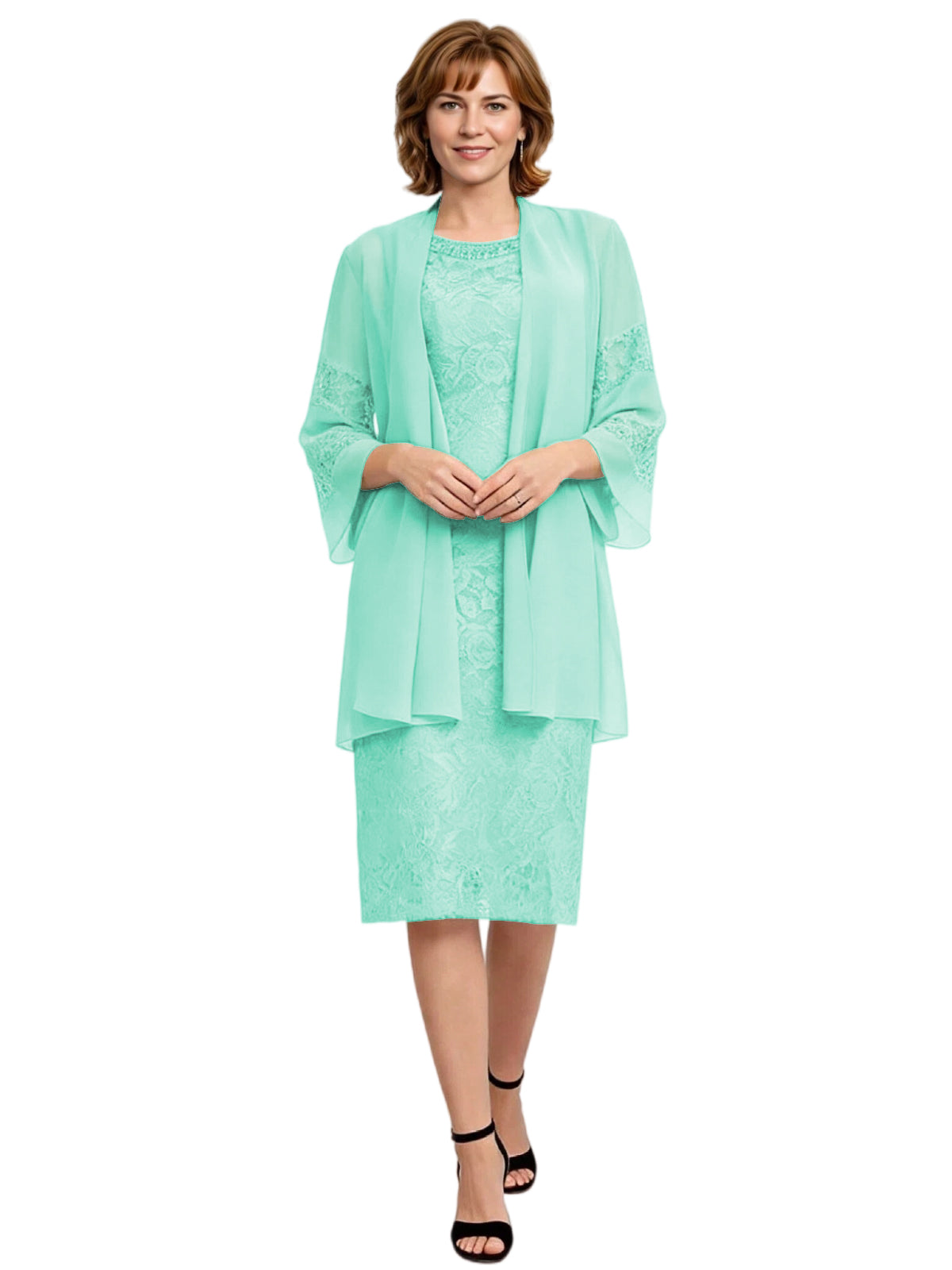 Mother of the Bride Dress with Jacket Knee Length Lace Formal Wedding Guest Outfit