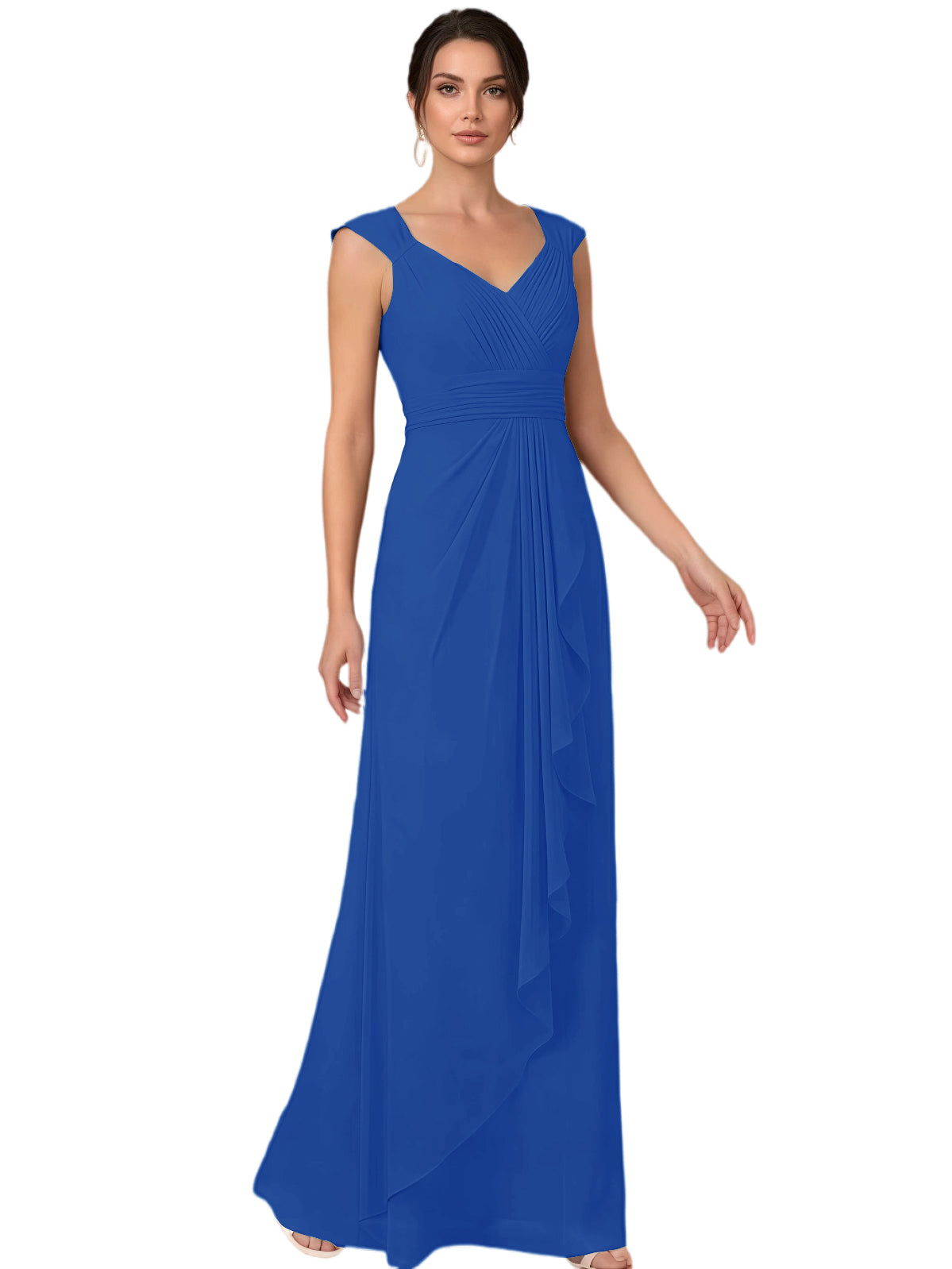 Mother of the Bride Dress Long Sleeveless V-Neck Chiffon Formal Gown with Ruffle Detail