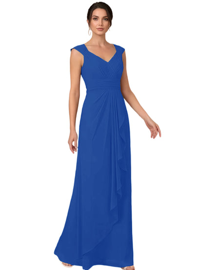 Mother of the Bride Dress Long Sleeveless V-Neck Chiffon Formal Gown with Ruffle Detail