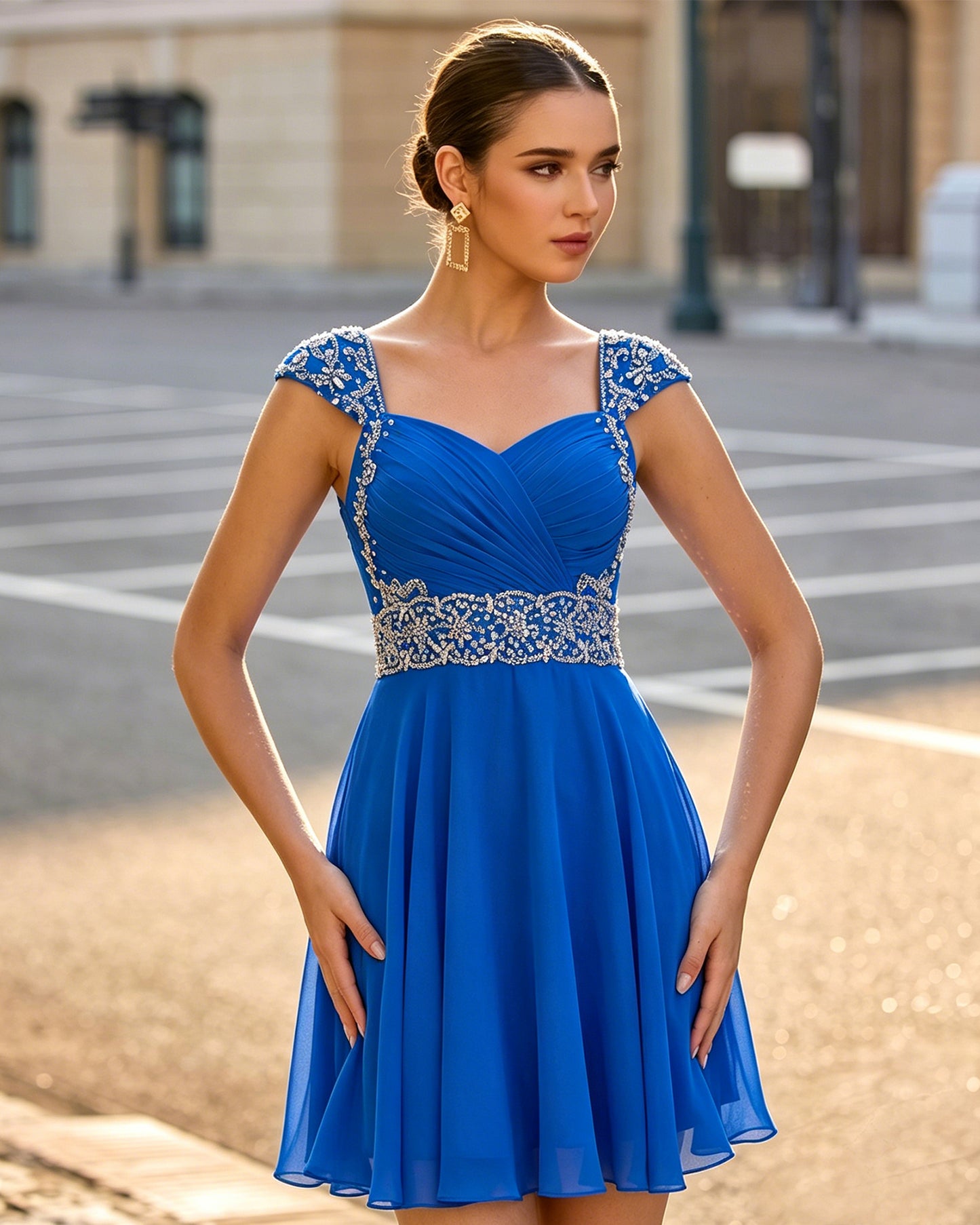 Sweetheart Ruched Chiffon Short Homecoming Dress with Beaded Cap Sleeves