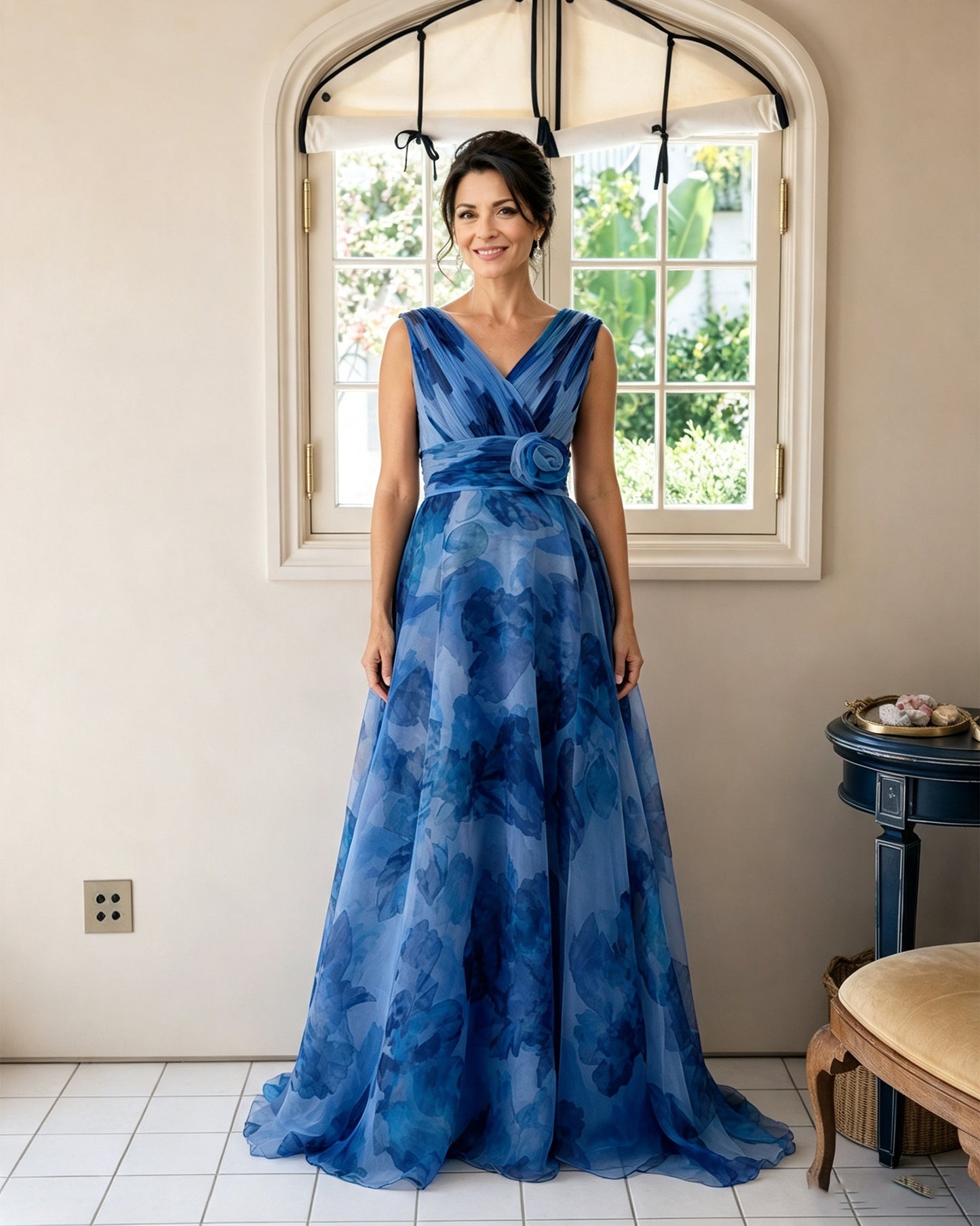Floral Print V-Neck Chiffon Mother of the Bride Dress with Rosette Sash