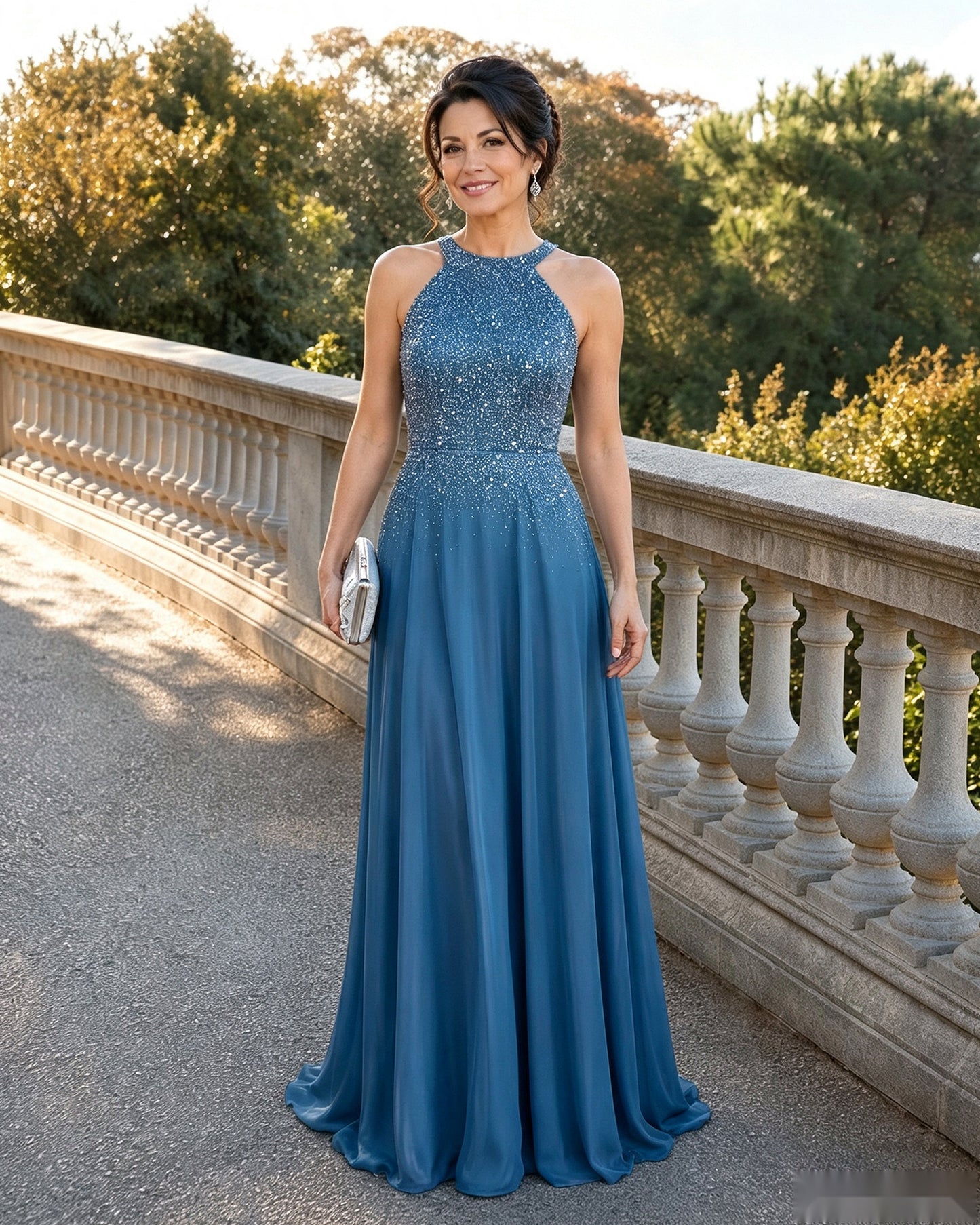 Halter Neck Sequin Chiffon A-Line Mother of the Bride Dress