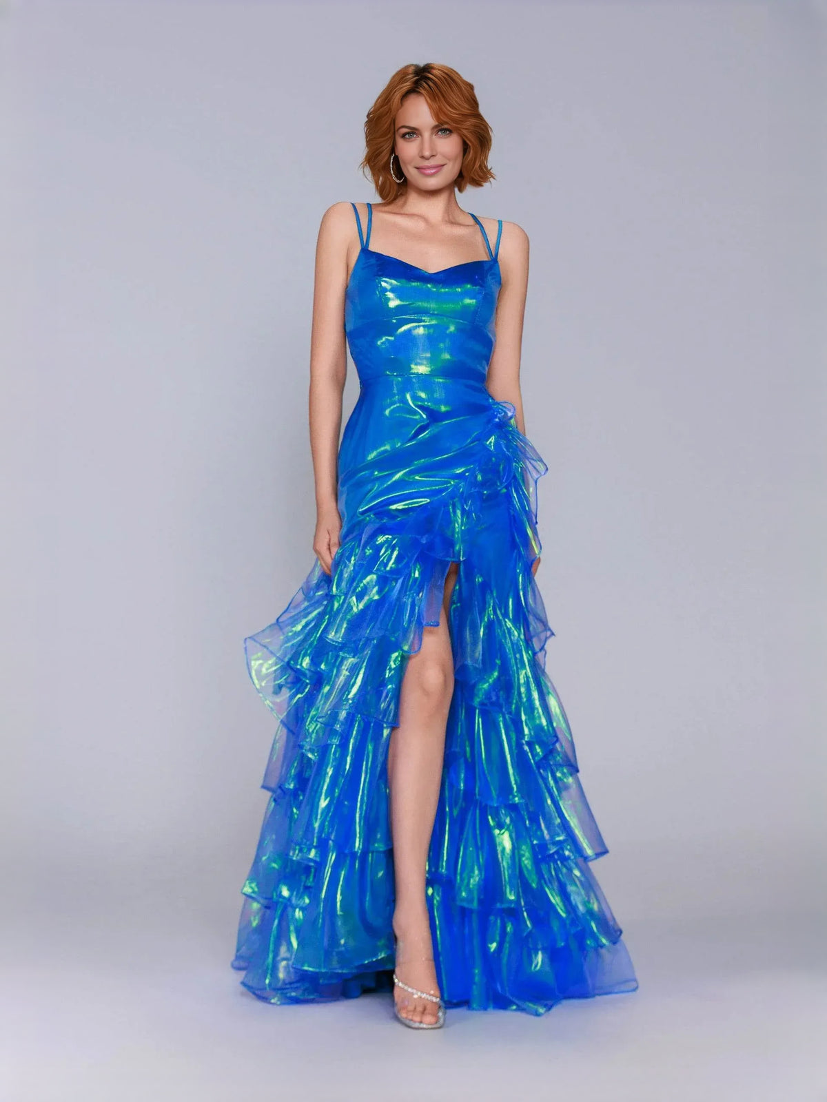 Ocean Blue Front-Slit Tiered Ruffled Slit Sweetheart A-Line Floor-Length Organza Prom Dress for Ballroom Event