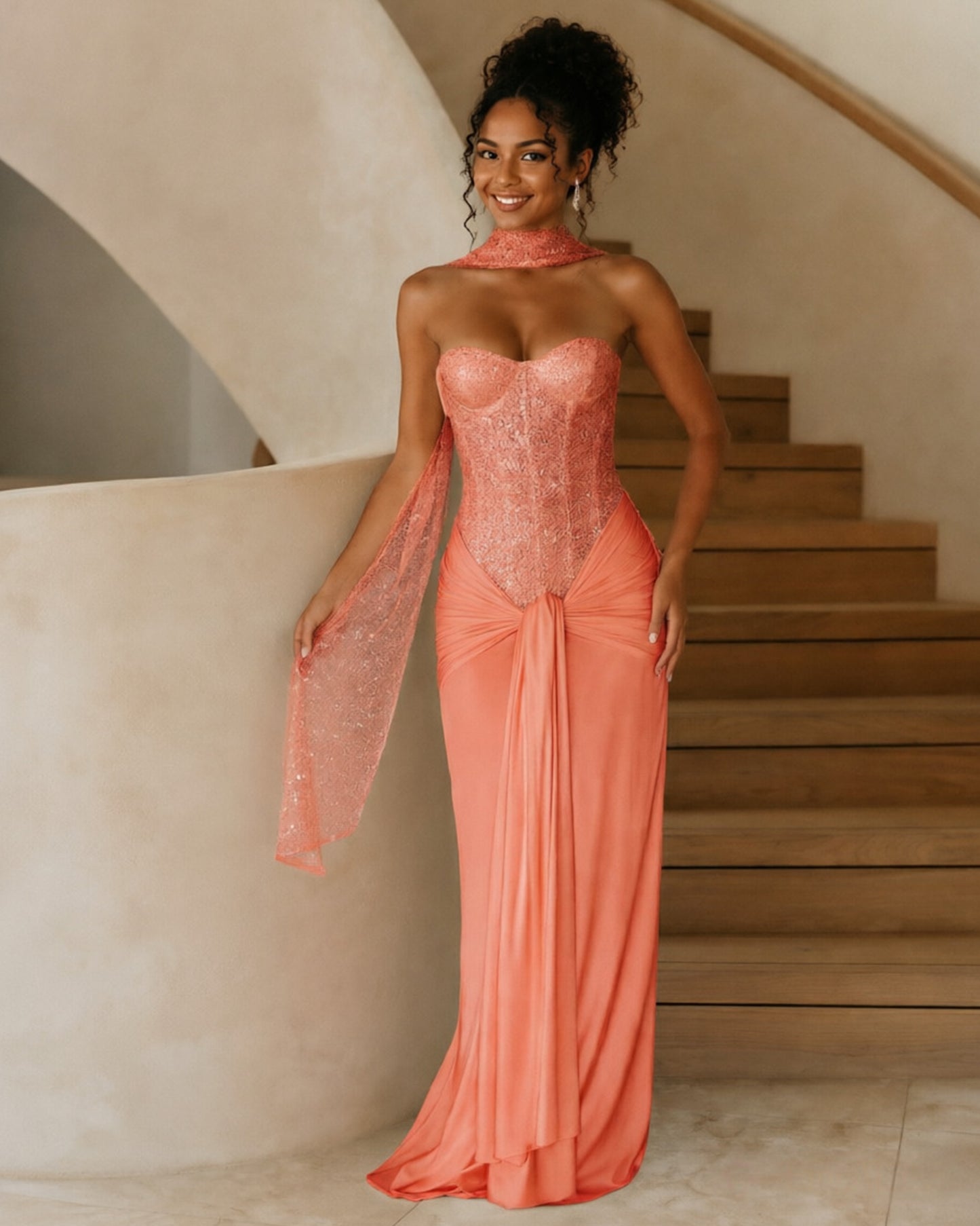 Strapless Sequin Corset Jersey Prom Dress with Draped Scarf Detail