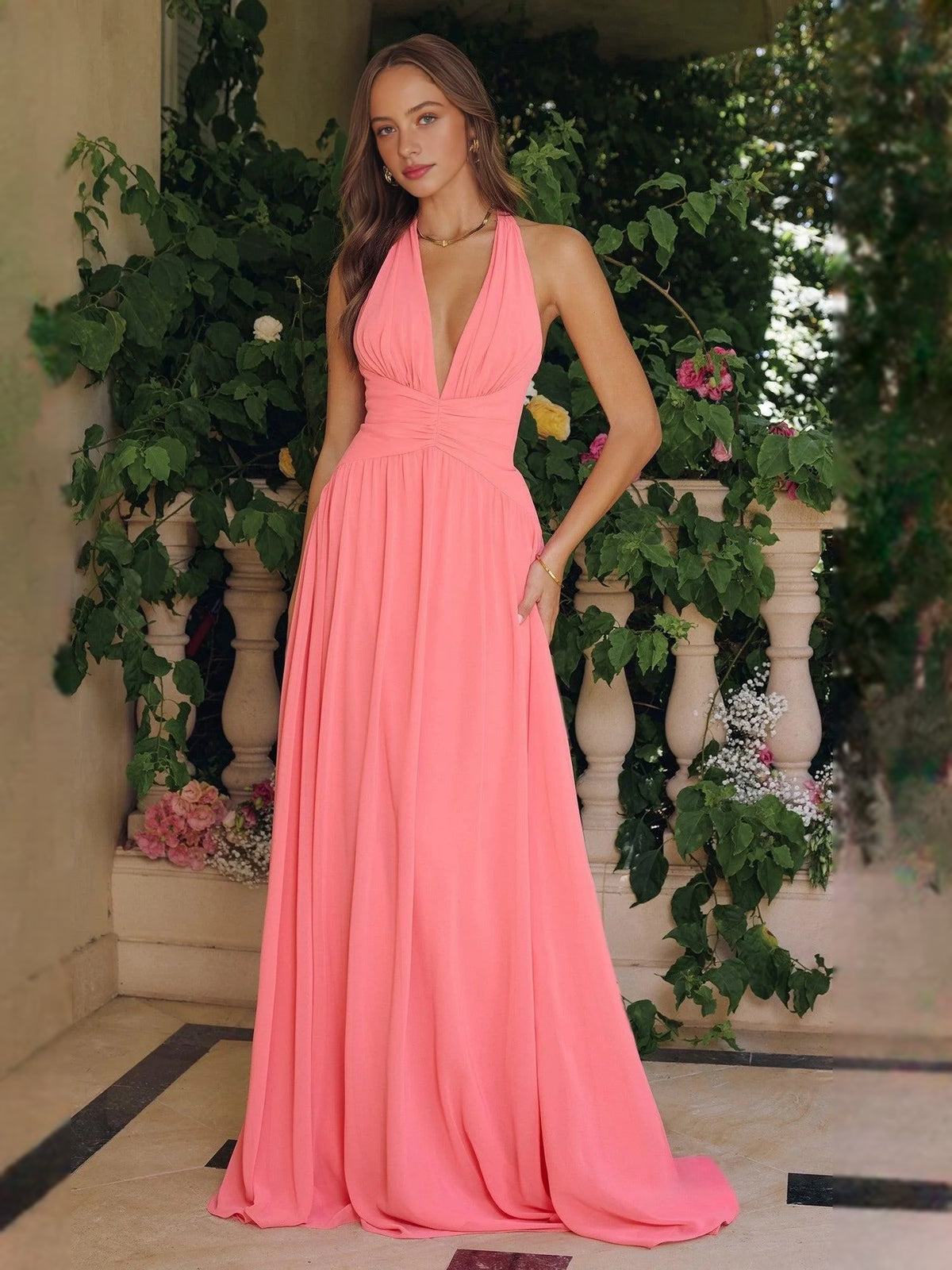Halter Neck A-Line Floor-Length Chiffon Bridesmaid Dress for Wedding Reception