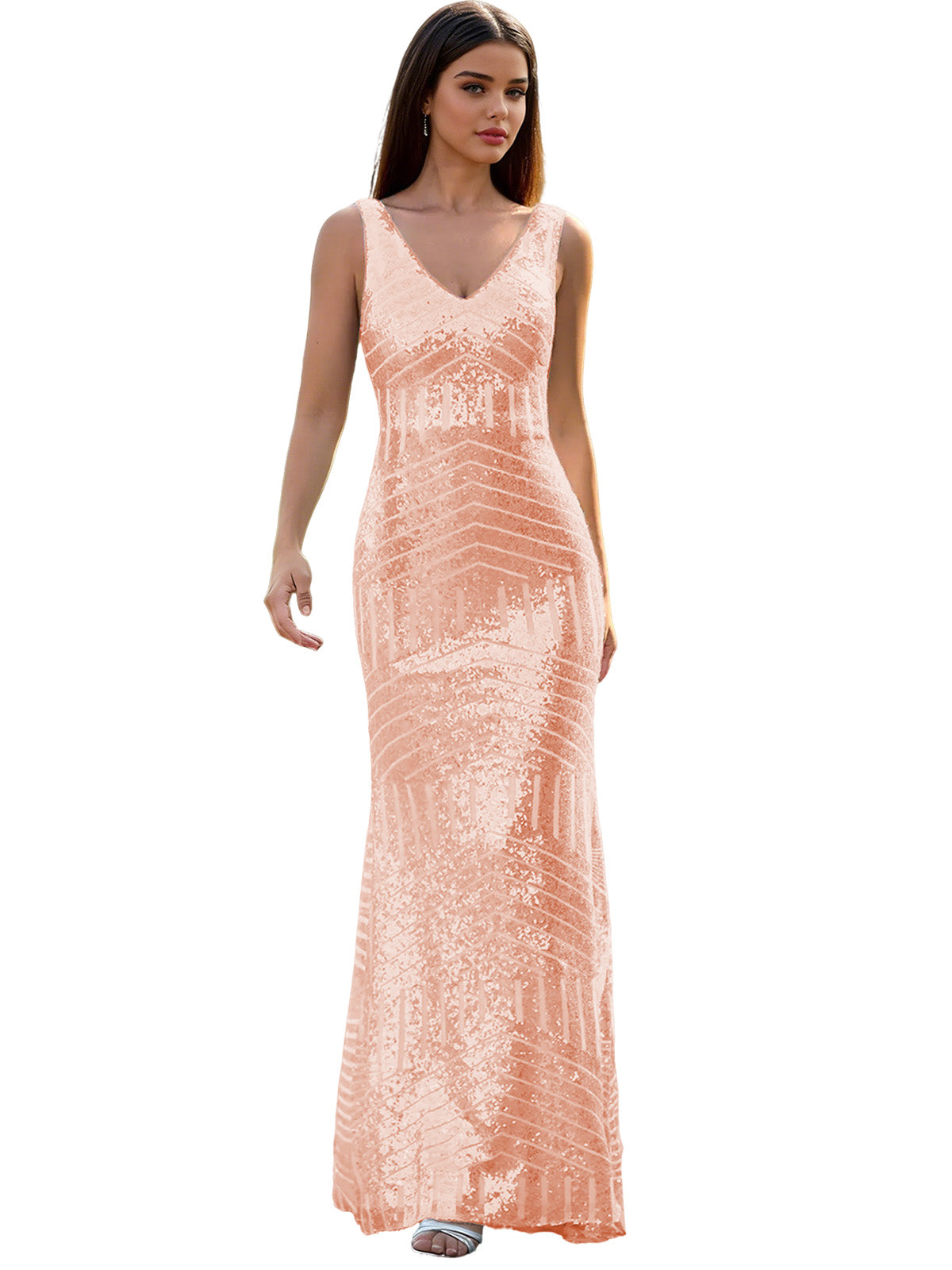 V-Neck Sequin Column Prom Dress with Beaded Waist and Low Back