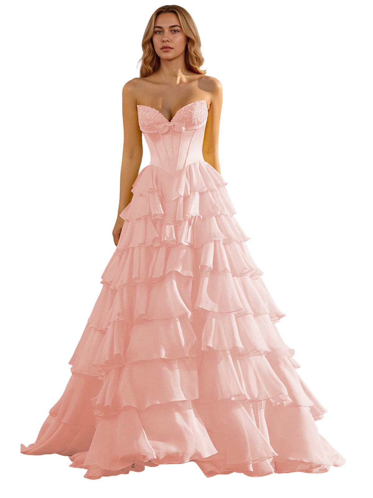 Strapless Tiered Organza Ball Gown Prom Dress with Corset Top