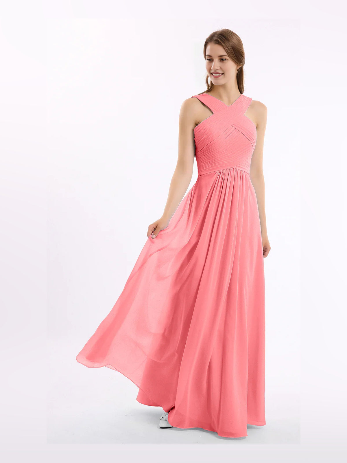 Pleated Halter Neck A-Line Maxi Chiffon Bridesmaid Dress for Estate Wedding