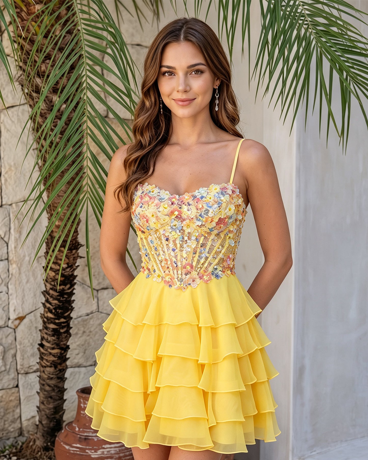 Spaghetti Strap Floral Embroidered Corset Ruffle Mini Homecoming Dress