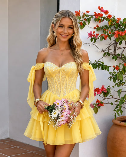 Off-Shoulder Lace Corset Tiered Tulle Homecoming Dress, product image 21
