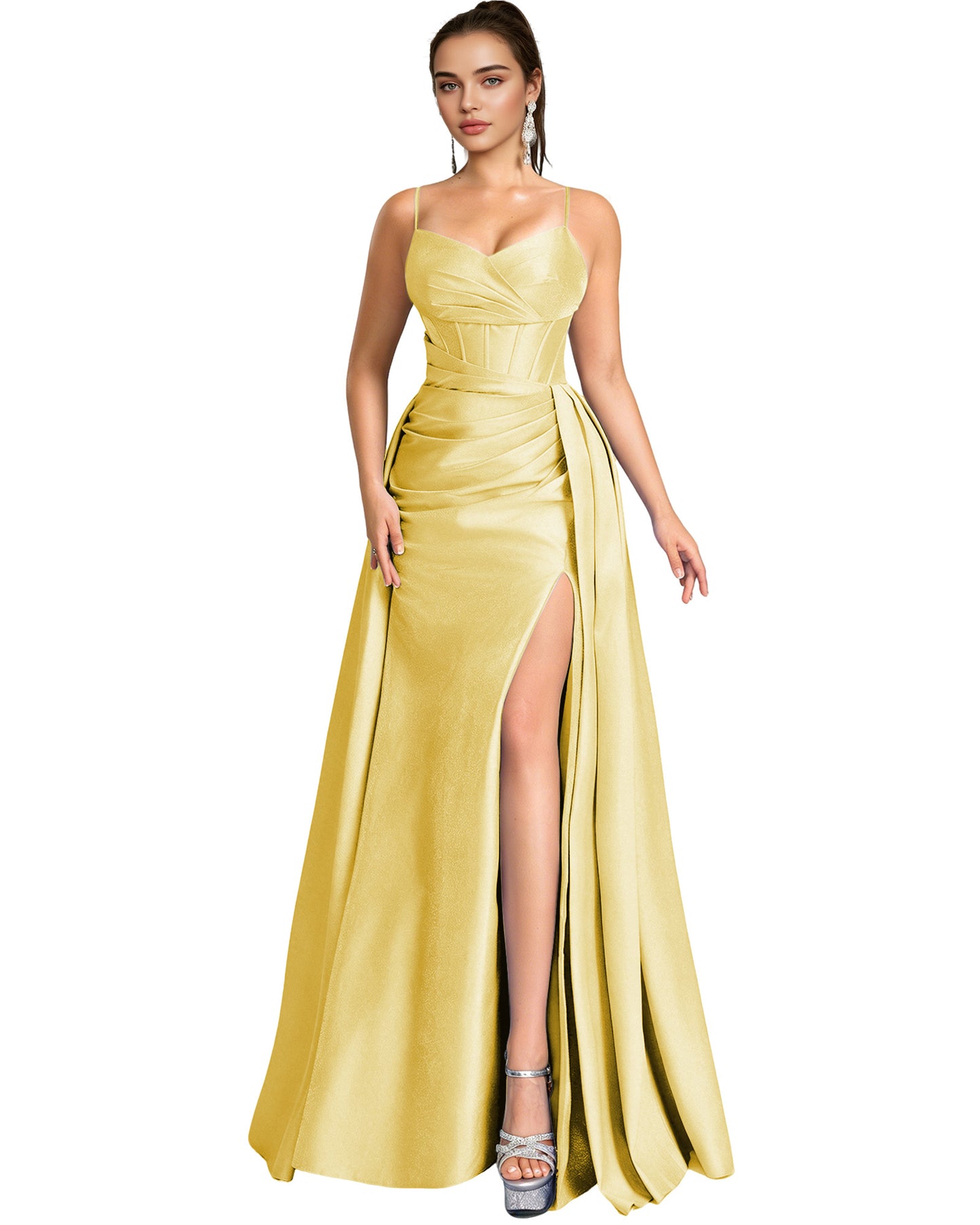 One Shoulder Satin A-Line Prom Dress with Wrap Bodice and Side Slit