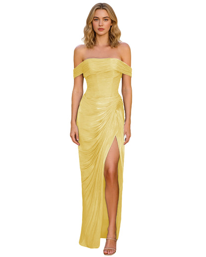 Off Shoulder Ruched Jersey Prom Dress with Wrap Bodice and High Slit