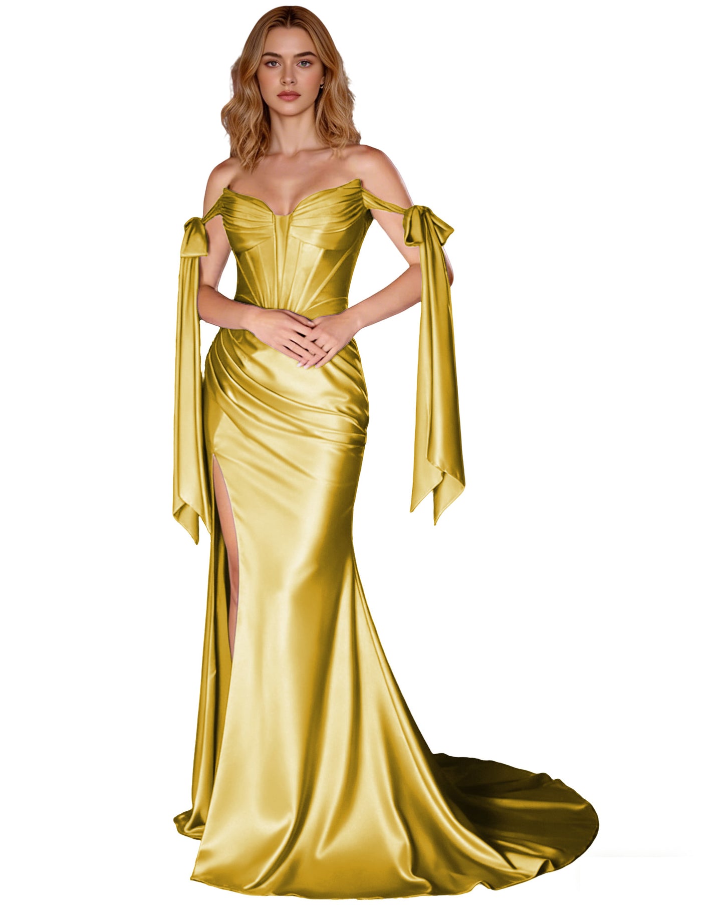 Off Shoulder Satin Mermaid Prom Dress with Detachable Long Sleeves