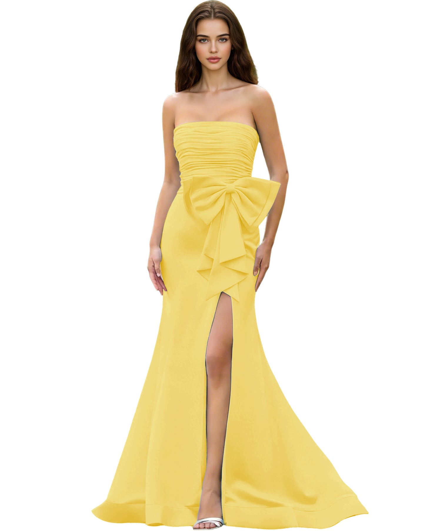 Strapless Bow Detail Satin Prom Dress with Ruched Bodice and Slit