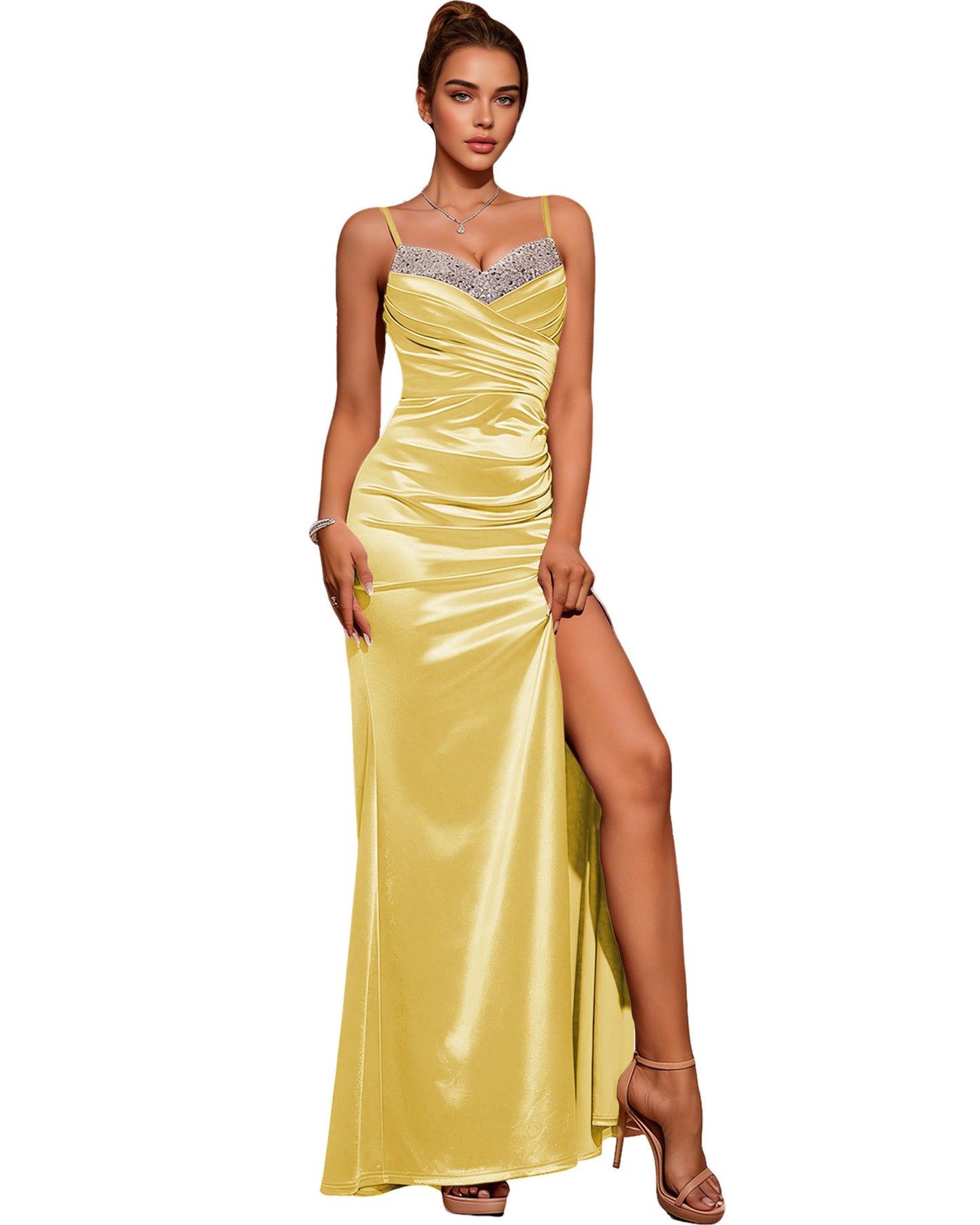 Strapless Pleated Satin Column Prom Dress with Draped Bodice and Slit
