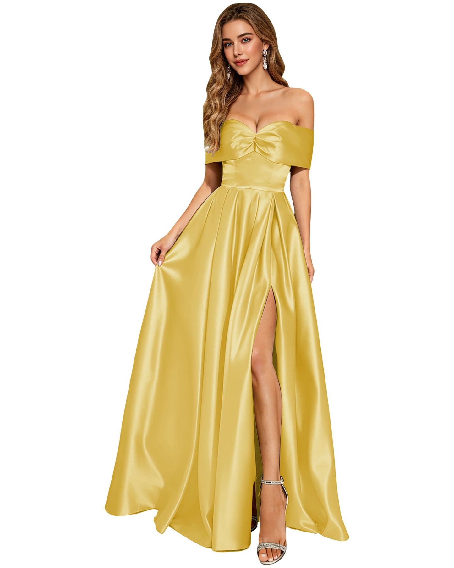 Strapless Bow Satin A-Line Prom Dress with Pleated Bodice and Slit