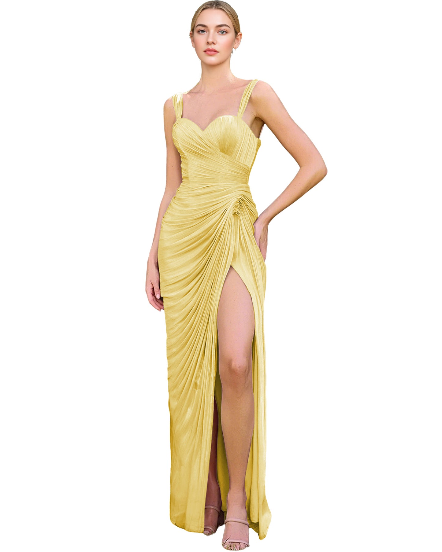 Spaghetti Strap Ruched Satin Sheath Prom Dress with Lace-Up Back and Slit